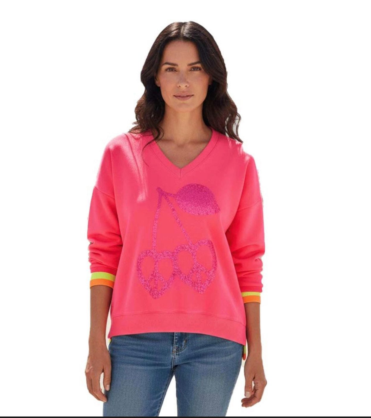 Miss Goodlife Sweatshirt V-Neck MG14016 Cherry Peace mit Strass-Applikation-Neonpink
