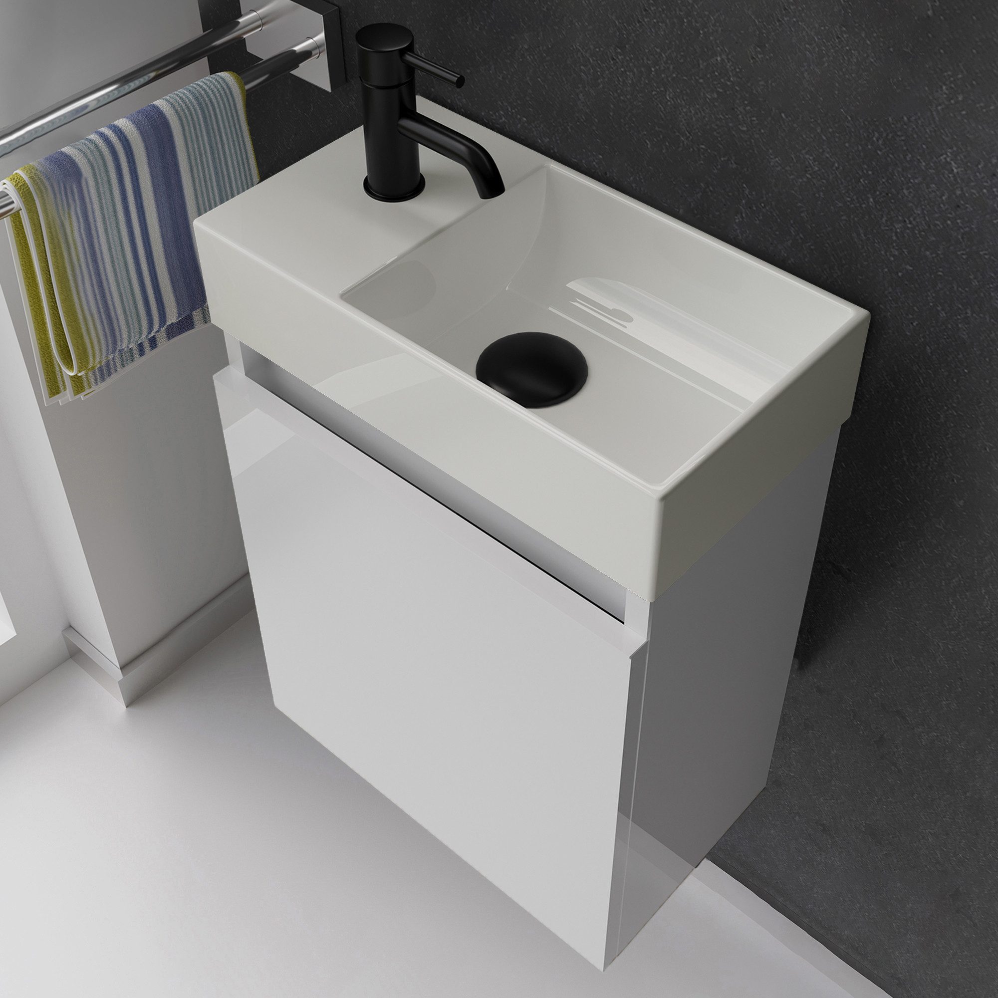 Alpenberger Badmöbel-Set Gäste WC Waschbecken mit Unterschrank - Badschrank Hängend, (2-tlg. Waschtisch Set Weiß, Waschbeckenunterschrank mit Softclose), Waschplätze für Kleine Bäder - Badschrank Hängend und Vormontiert