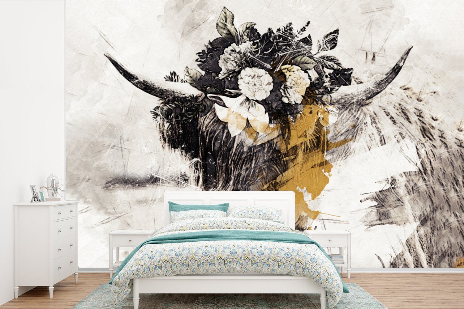 MuchoWow Fototapete Schottischer Highlander - Gold - Weiß - Farbe, Matt, bedruckt, (6 St), Wallpaper für Wohnzimmer, Schlafzimmer, Kinderzimmer, Vinyl Tapete