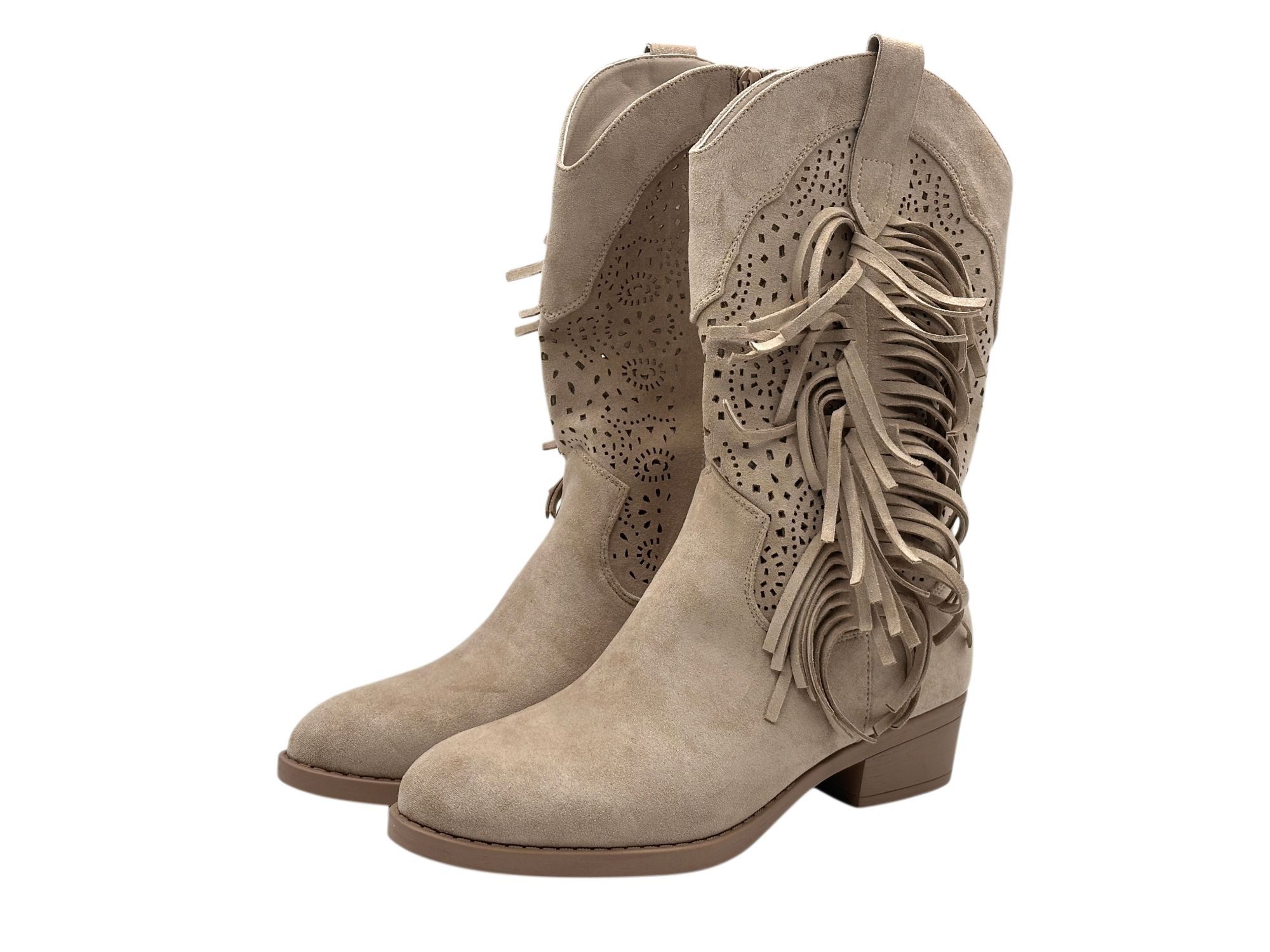 Nowaland Damen Western Stiefelette mit Fransen und Lochmuster Stiefelette Weiche Veloursleder-Optik mit stabilem Blockabsatz – Bild 4 von 5