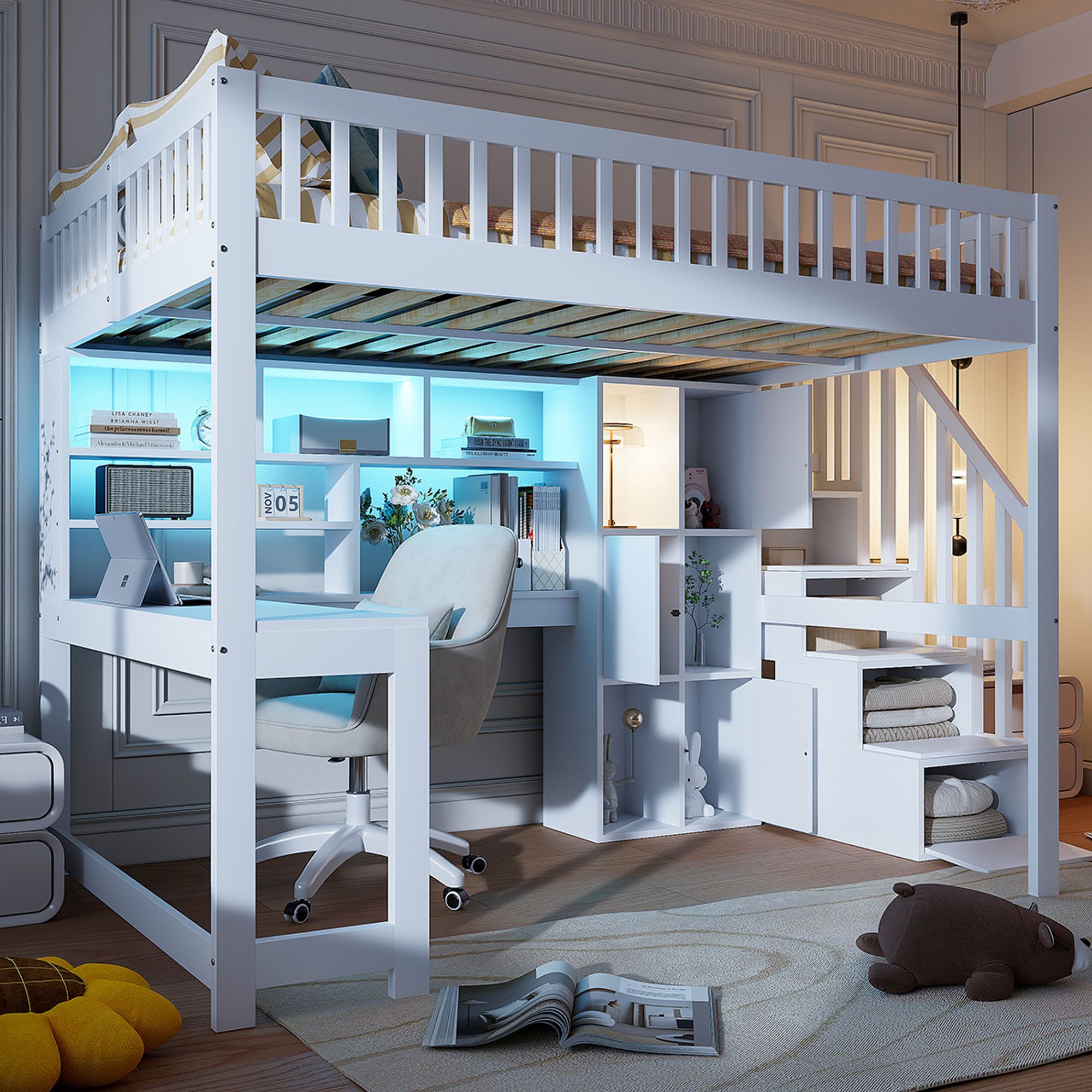 Merax Hochbett 140x200cm mit LED-Beleuchtung (1-St., Jugendbett Einzelbett günstig online kaufen