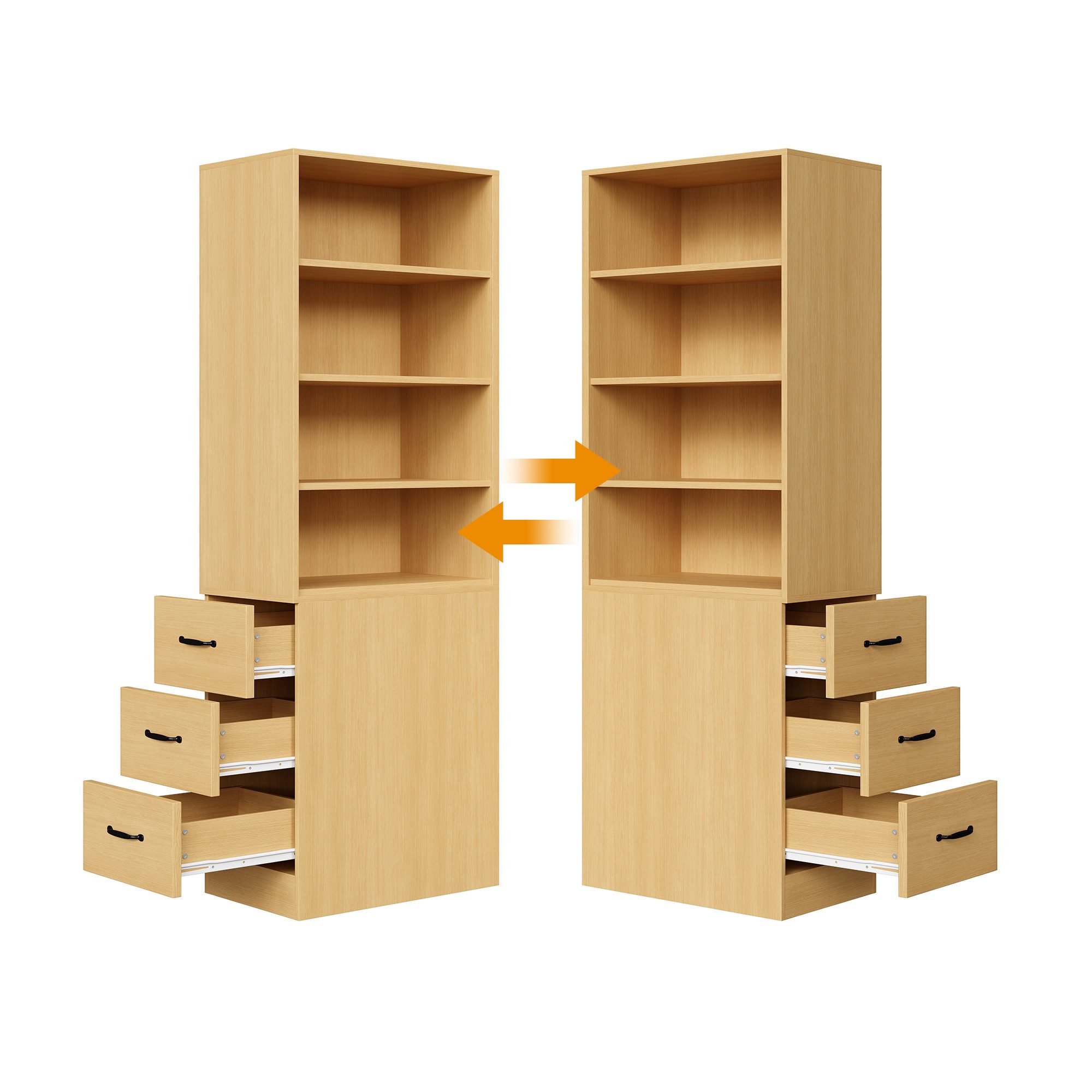 Flieks Bücherregal mit seitlichen Schubladen, links und rechts austauschbar, B60/T38/H180 cm 1-tlg., Hochschrank mit verstellbaren Einlegeböden Wohnzimmerschrank Natur