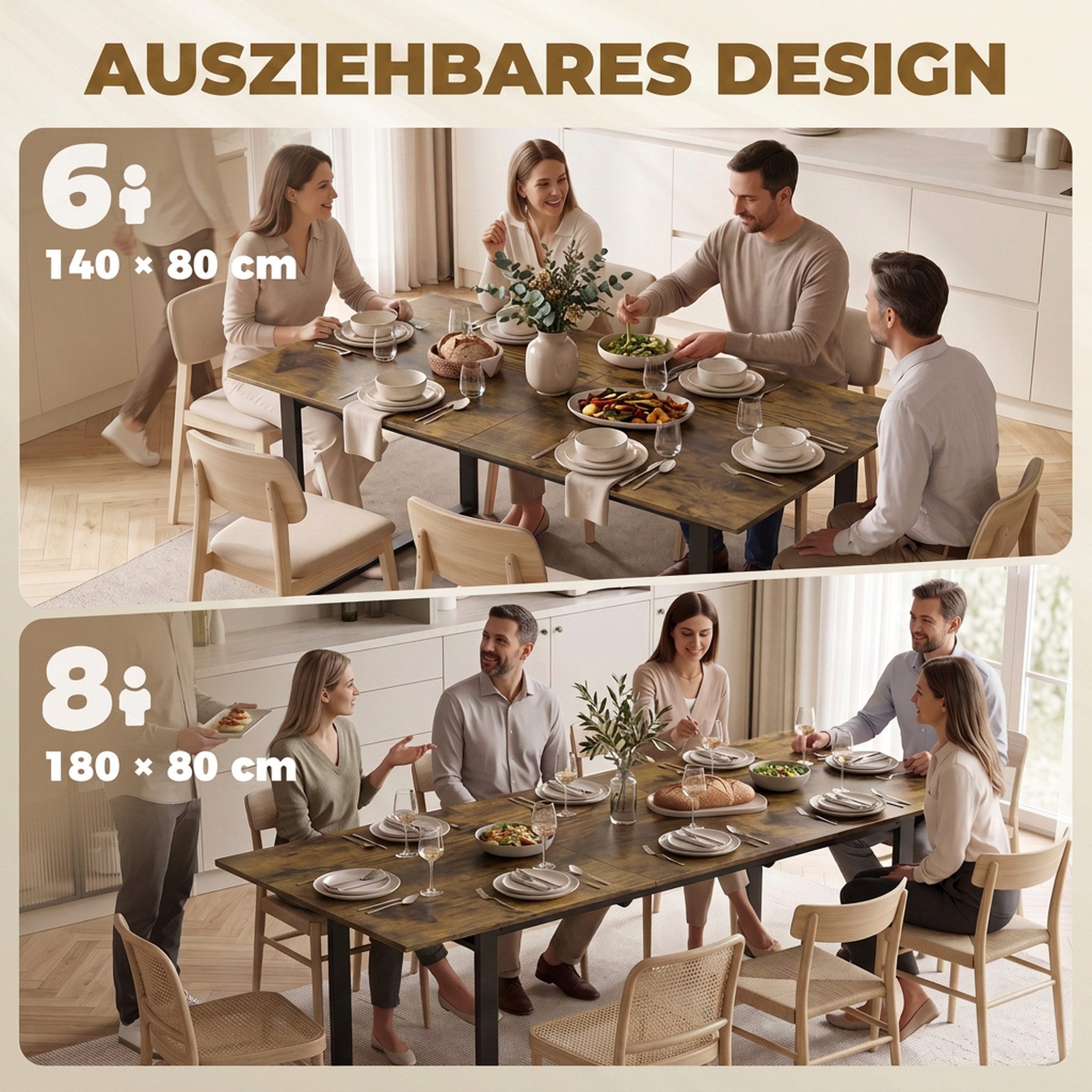 HOMCOM Esstisch ausziehbar Industrial Tisch mit Tischbeine aus Stahl für 6-8 Personen (Esszimmertisch, 1-St., Küchentisch), für Esszimmer, Küche, Rustikal-Braun – Bild 4 von 5
