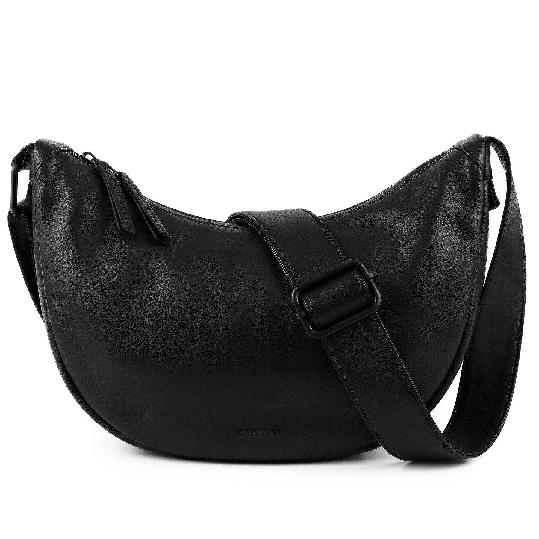 FEYNSINN Umhängetasche echt Leder Moon Bag LYKKE Schultertasche schwarz Handtasche, Moonbag Echtleder für Damen, Umhängetasche schwarz Plonge Leder