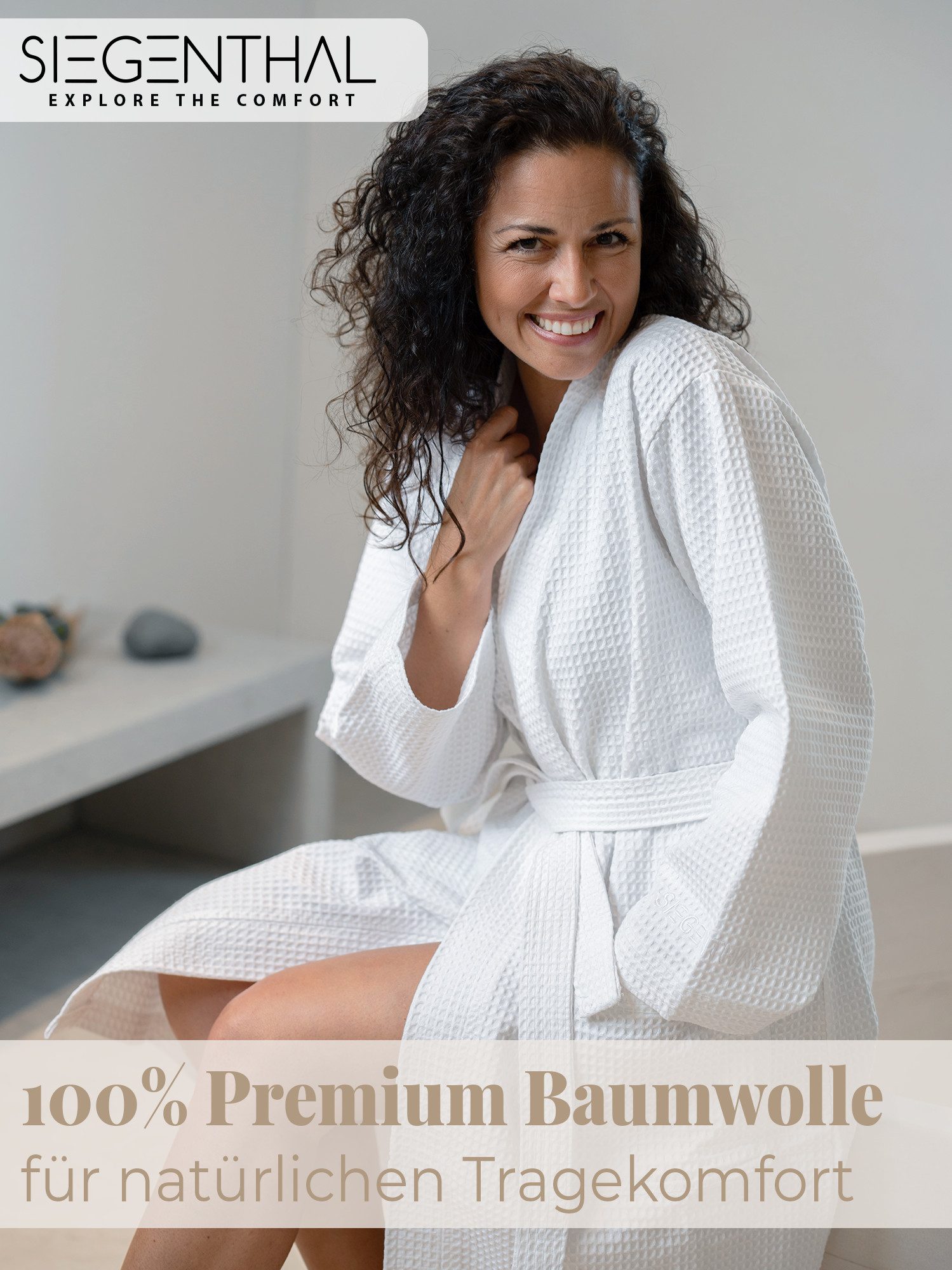 SIEGENTHAL Morgenmantel SIEGENTHAL® Damen Bademantel Waffelpique 100% Baumwolle Schalkragen, Schalkragen, elegante Gürtel, saugfähige Baumwolle, pflegeleicht und langlebig, praktische Taschen