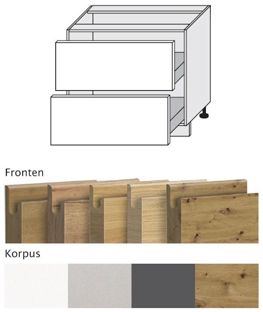 Feldmann-Wohnen Auszugsunterschrank Arezzo grifflos 2 Natur wählbar & Schubladen Hickory Korpusfarbe Front- 90cm (Vollauszug)