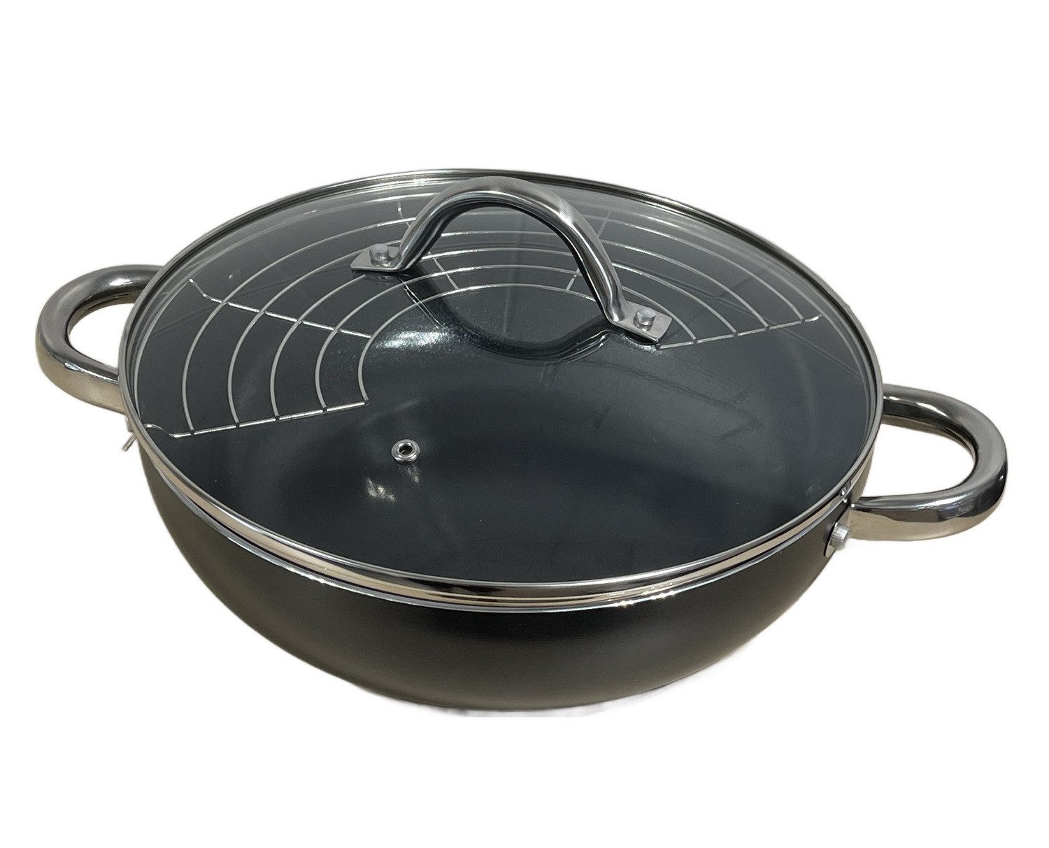 Gustav Voss Wok Ø 28 cm Wokpfanne PIRÄUS mit Deckel & Ablagegitter, verstärkte Aluminiumlegierung (spülmaschinengeeignete Wok-Bratpfanne mit Deckel, auch verwendbar als Schmorpfanne & Servierpfanne), induktionsfähige Pfanne mit Procalon®Cera-Beschichtung