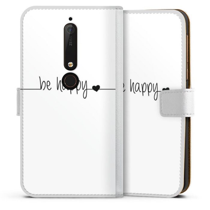 DeinDesign Handyhülle Statement Sprüche Glück Be Happy weisser Hintergrund Nokia 6.1 Hülle Handy Flip Case Wallet Cover Handytasche Leder