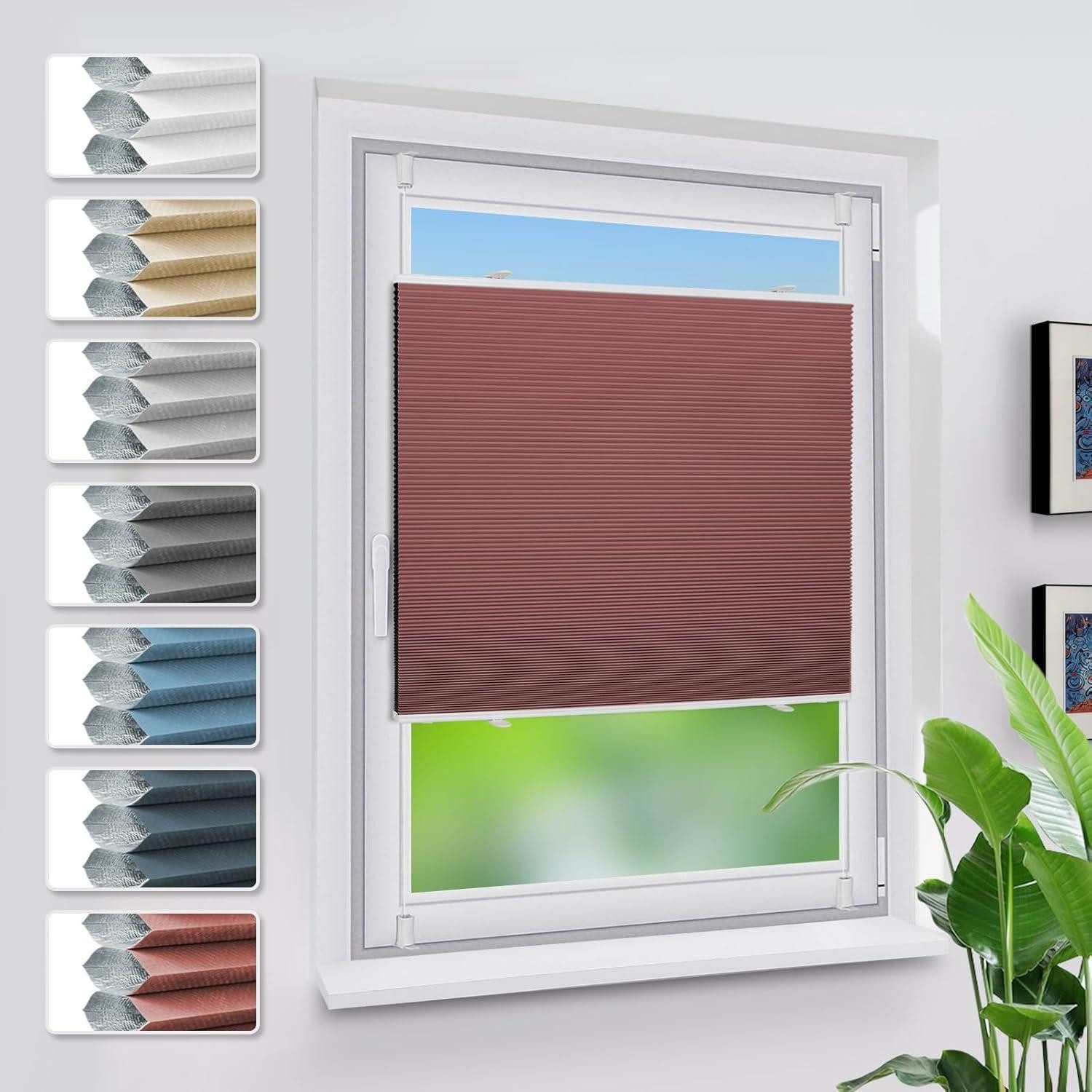 LuxusKollektion Jalousie nach Maß Verdunklungsplissee Wabenplissee Klemmfix Weiß-weinrot B70 x H130 cm