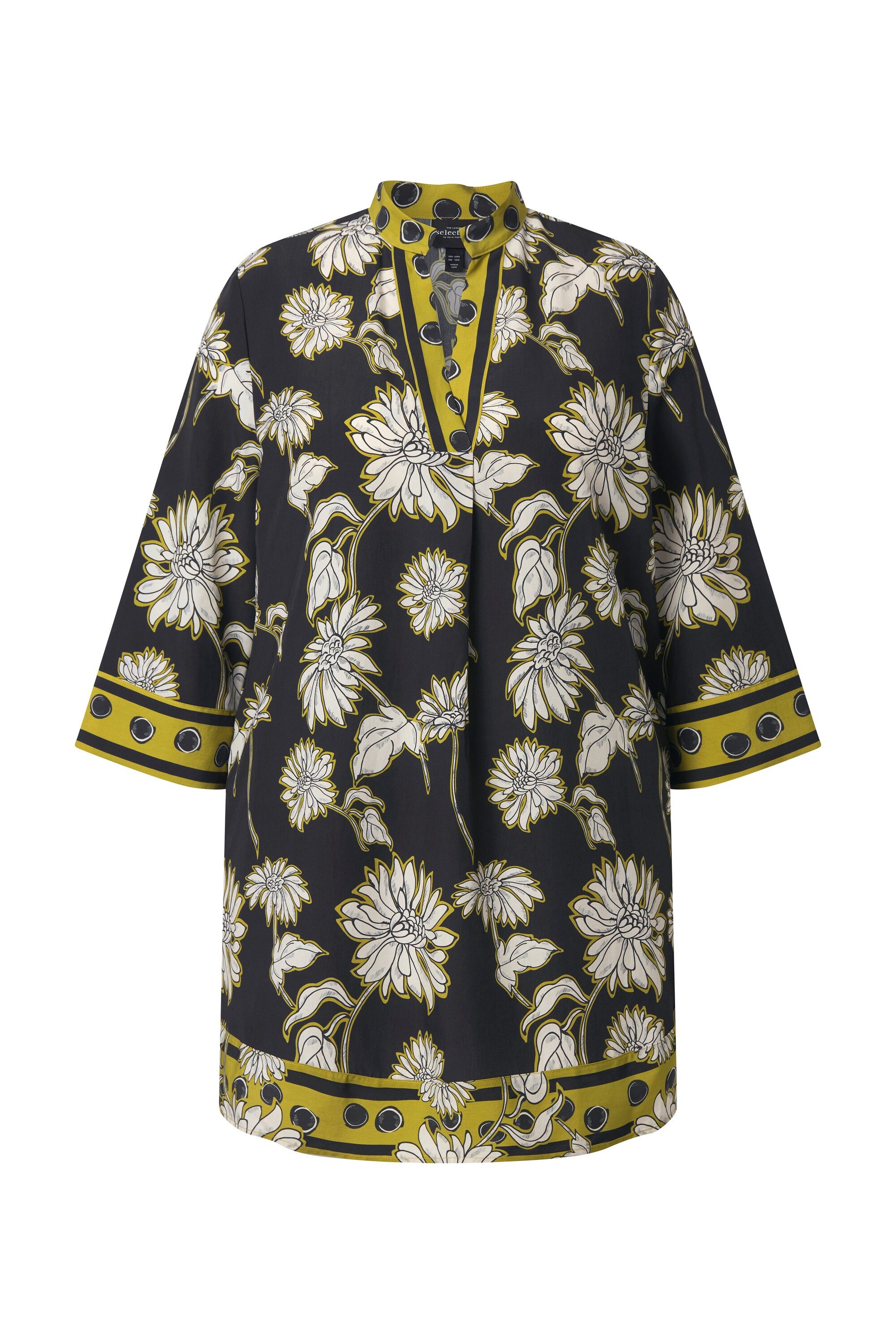 Ulla Popken Tunika Satin-Tunika Blüten A-Linie Stehkragen 3/4-Arm