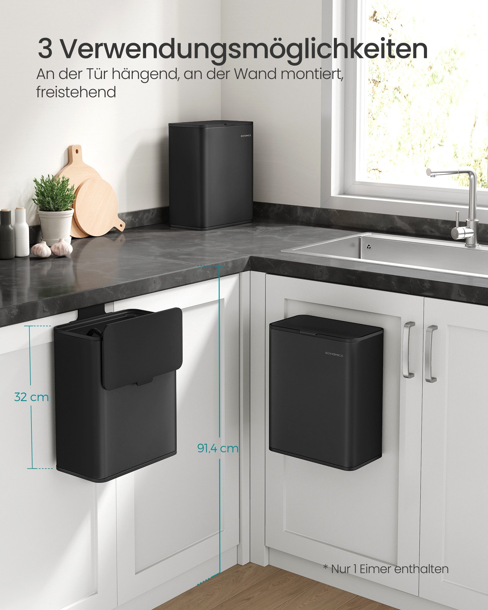 SONGMICS Mülleimer hängend, 8 L, Stahl-Abfalleimer, für Unterschrank Badezimmer, mit Deckel für Biomüll, Haken, an der Schranktür oder Wand, schwarz