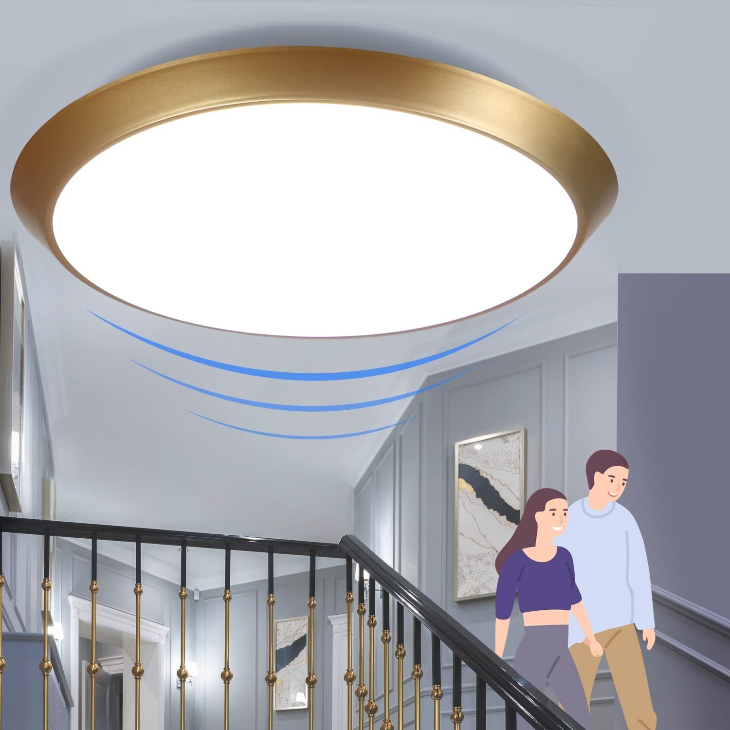 Nettlife LED Deckenleuchte Neutralweiß mit bewegungsmelder Schwarz innen 4000K 15W, IP44 Wasserdicht, LED fest integriert, Neutralweiß, für Badzimmer Eingangs Treppe Flur Gold