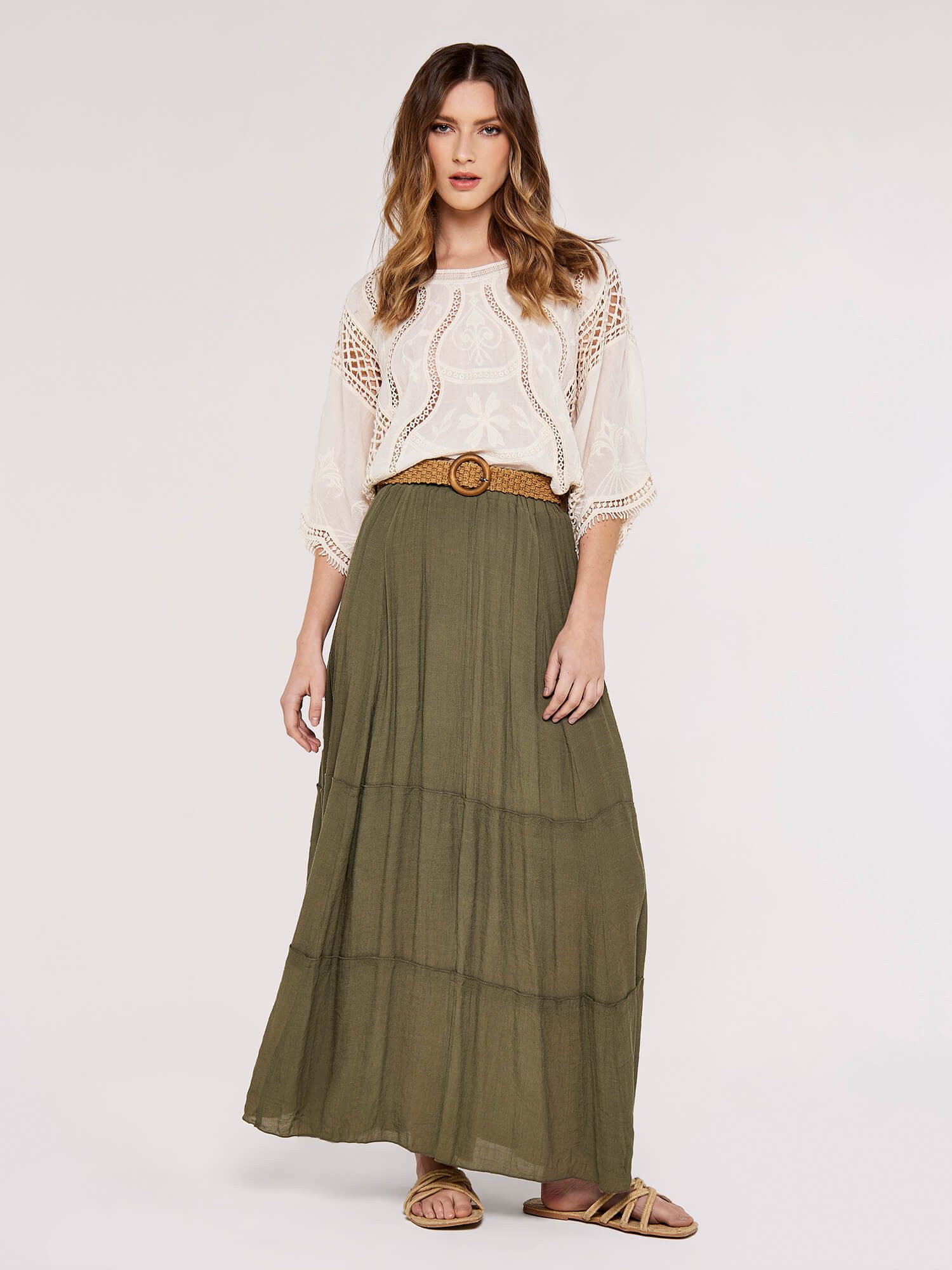 Apricot Spitzenshirt Top aus Baumwollmischung mit Häkelstickerei