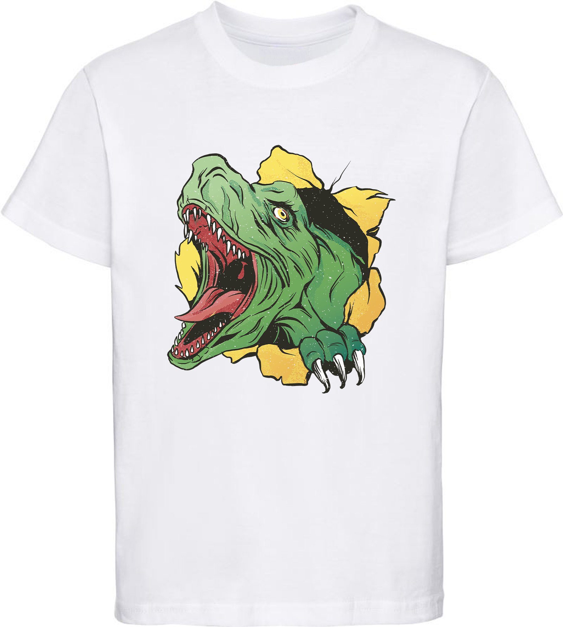MyDesign24 Print-Shirt bedrucktes Kinder T-Shirt mit T-Rex Kopf Baumwollshirt mit Dino, schwarz, weiß, rot, blau, i68 weiss