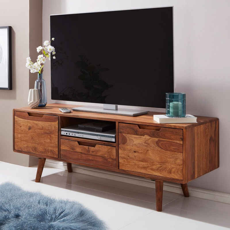 FINEBUY Lowboard FB51352 (Sheesham Massivholz TV Kommode 135x51x45 cm Modern), Fernsehschrank mit Türen & Schublade, Unterschrank