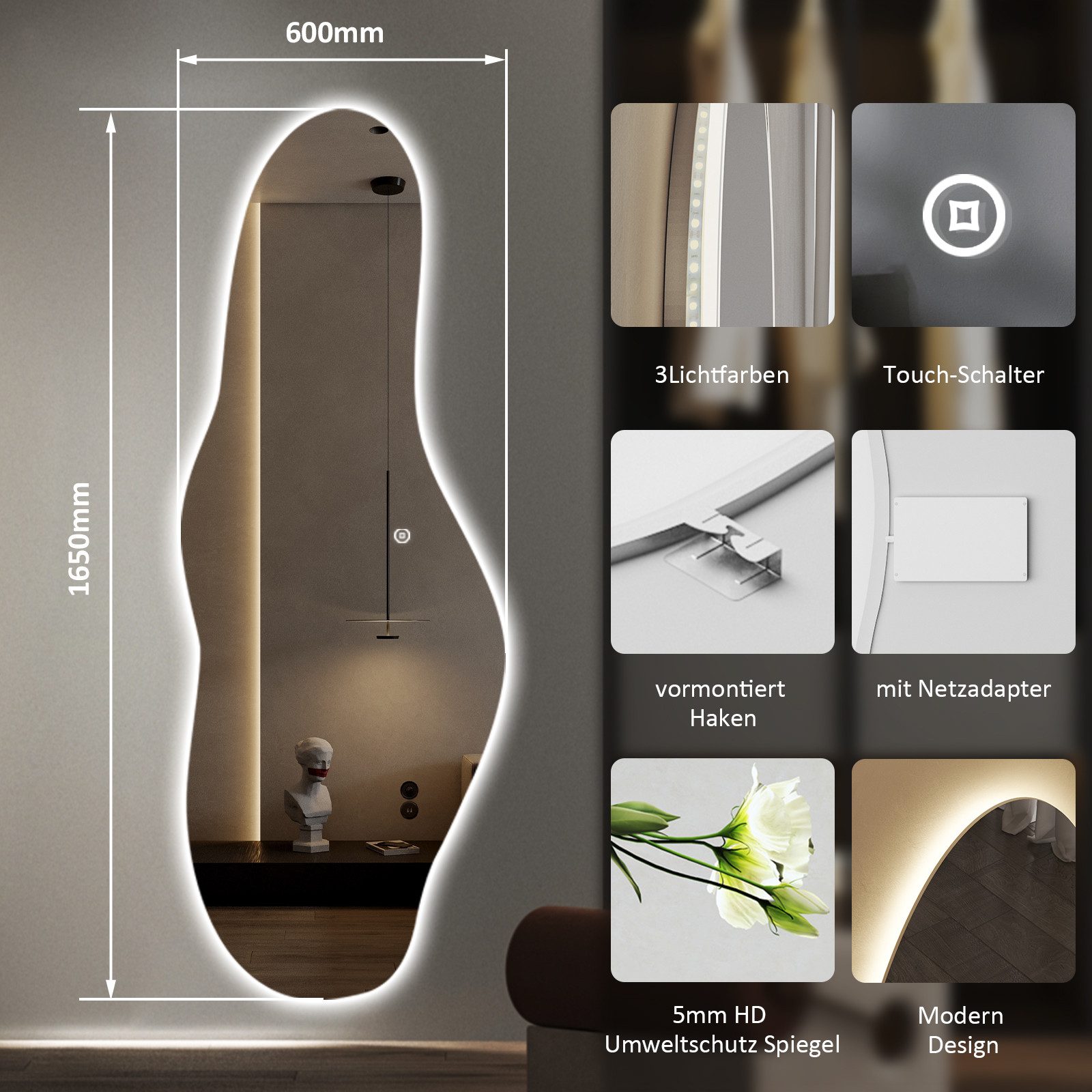 WDWRITTI Ganzkörperspiegel Ohne Rahmen LED Ganzkörperspiegel Wandspiegel groß Asymmetrisch (Flurspiegel Modern mit 3Lichtfarben, Dimmbar, Speicherfunktion, 165x60cm), 5mm HD Spiegel mit Splitterschutzfolie