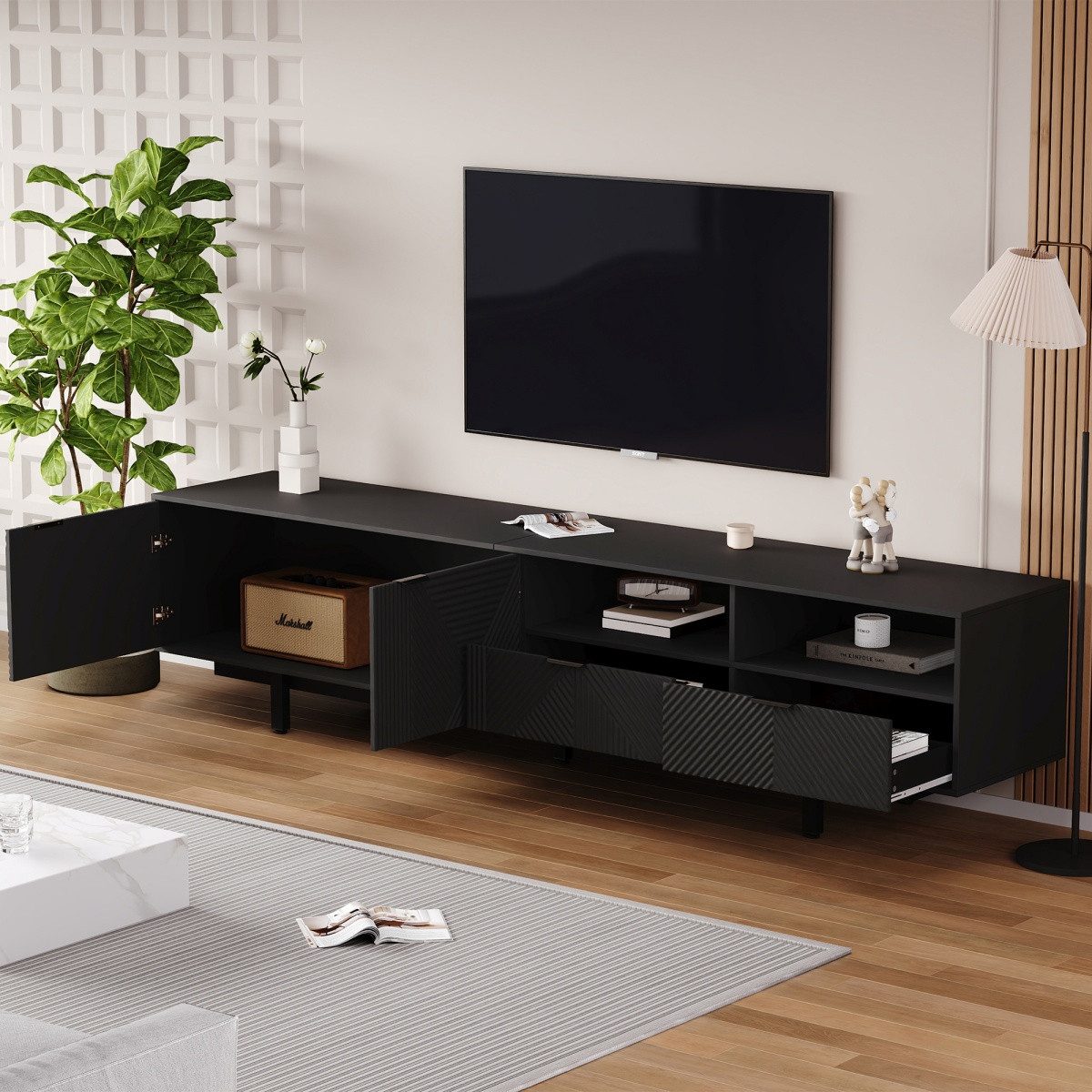 IDEASY TV-Schrank Geschnitztes Design TV-Board, minimalistisches Lowboard, 200x40x51cm (2 Türen, 2 Schubladen, Kabelmanagement, mit einer Tragkraft von 30 kg) für TVs bis zu 90" Bodenfreiheit für Staubsaugerroboter geeignet