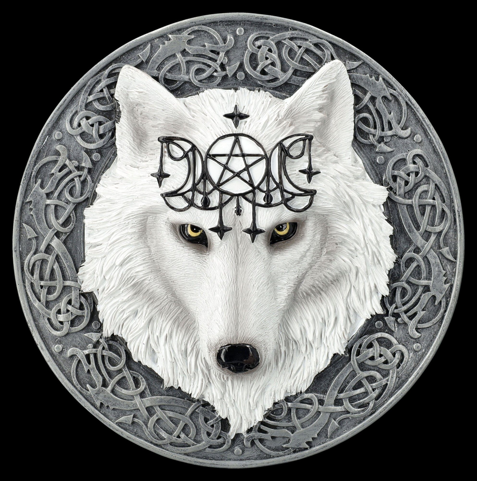 Figuren Shop GmbH Wanddekoobjekt Wandrelief Hexenzirkel - Weißer Wolf - Fantasy Tierfigur Wandbehang