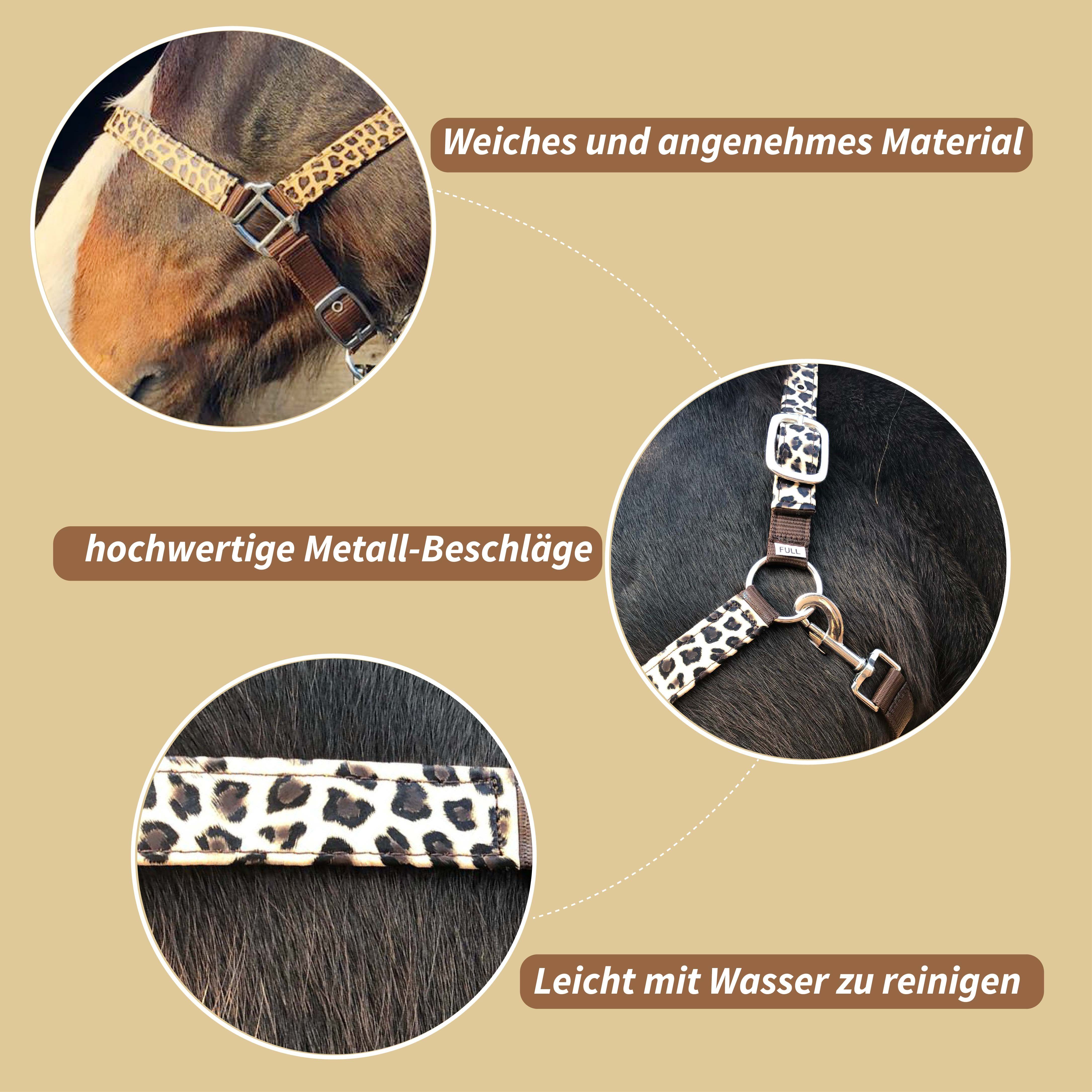 Pferdelinis Halfter Halfter für Pferde stylischer Leopard Look Shetty, Pony, Cob, Warmblut, verstellbar an Kinn- und Genickstück