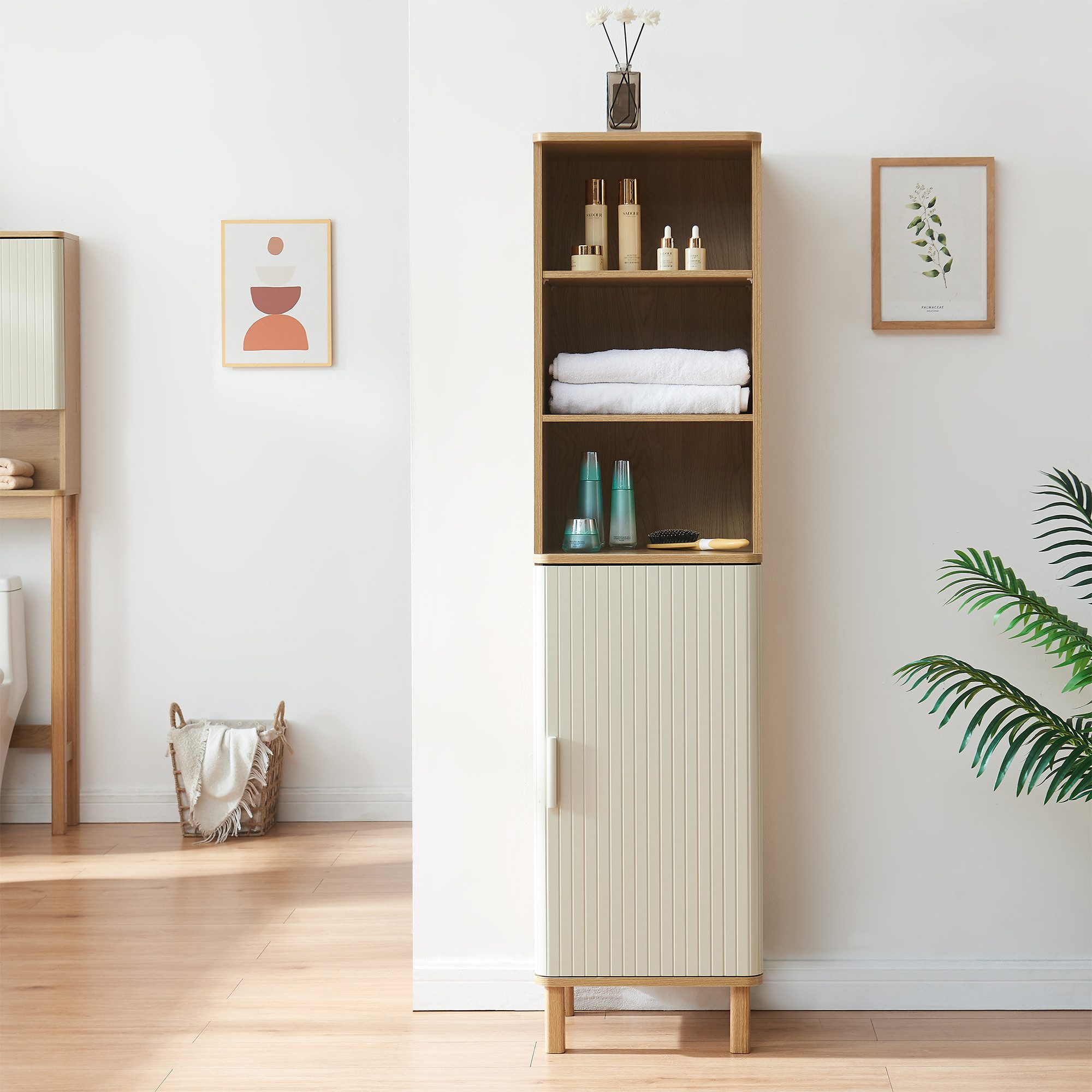 en.casa Hochschrank »Ferrersp« 1 Tür und 6 Fächer 160x42x35 cm Eicheoptik/Sandfarben