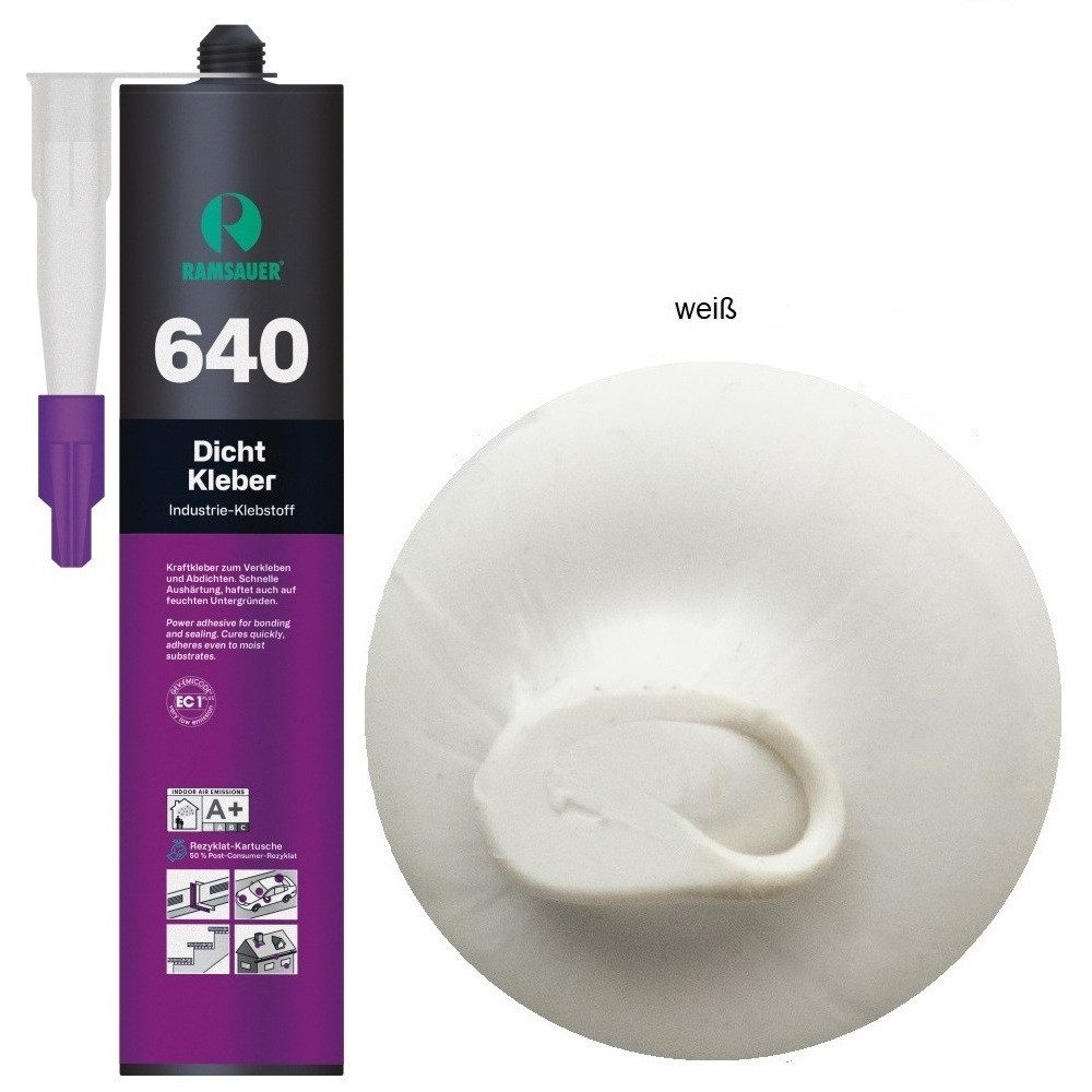 Ramsauer Klebstoff Ramsauer 640 Dicht Kleber Hybrid Klebstoff Dichtstoff 460g Kartusche, Silicon, Isocyanaten und Lösungsmittel, haftet auf feuchtem Untergrund