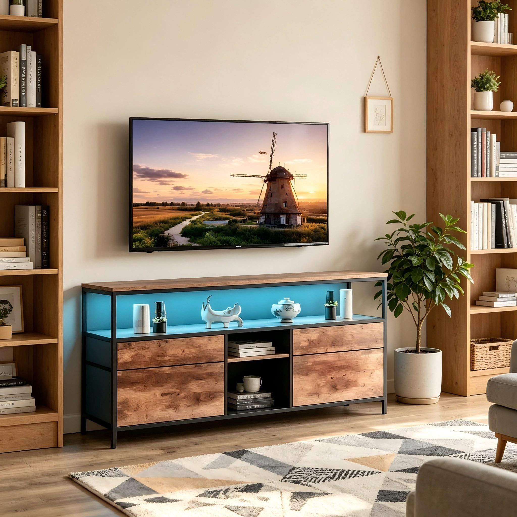 Simurq TV-Schrank Lowboard TV-Bank, mit LED und Schubladen und offenen Regalen (1er Set) mit LED und 4 Schubladen und 2 offenen Regalen, 108x29.8x76.8 – Bild 2 von 5