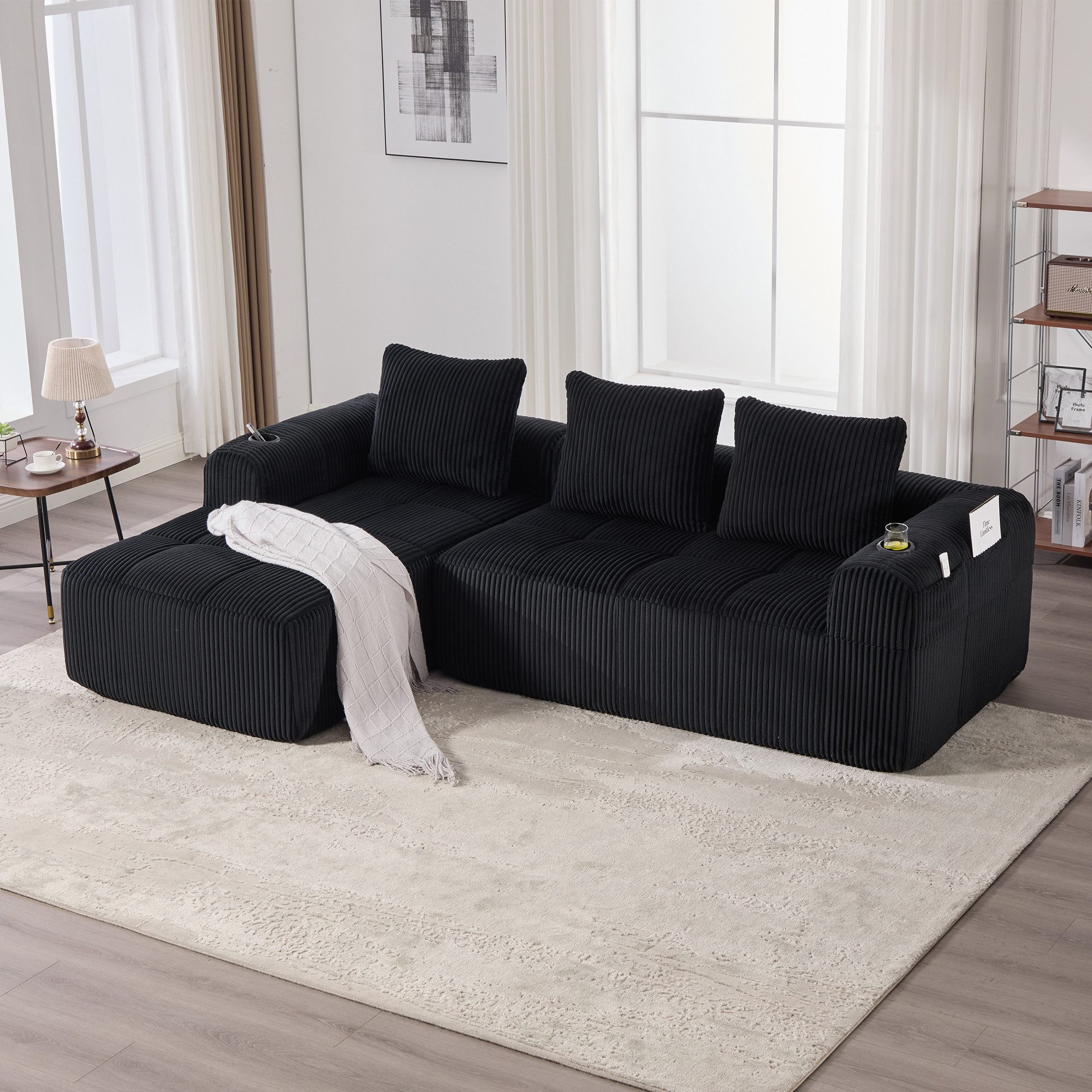 HAUSS SPOLE Sofa Kompakt-Sofa aus Cord mit Getränkehalter Relaxsessel mit 1 Kissen, modular, mit Seitentasche und Getränkehalter. für langes Sitzen, inkl. 3 Kissen, Kompakt-Ecksofa aus Cord