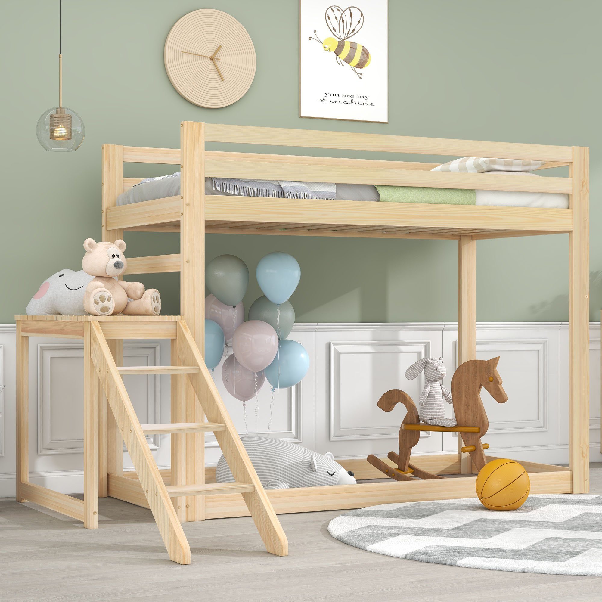 Flieks Etagenbett, Kinderbett Holzbett mit oberem Lattenrost Kiefer 90x200cm