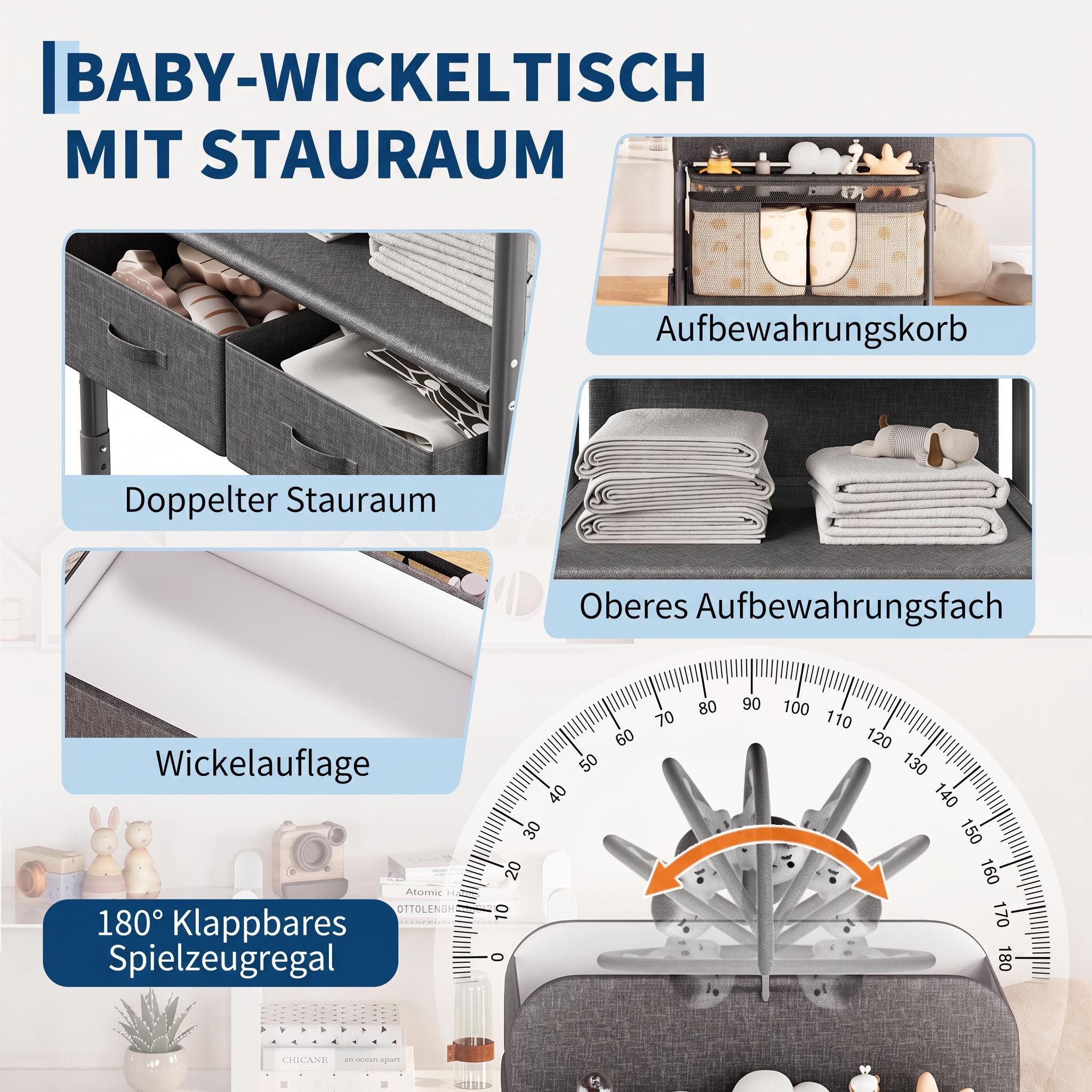 GarveeMore Wickeltisch Höhenverstellbarer Wickeltisch Klappbar, mit Rollen & Schubladen, Platzsparend klappbar, höhenverstellbar (97-105 cm) & mobil – Bild 3 von 5