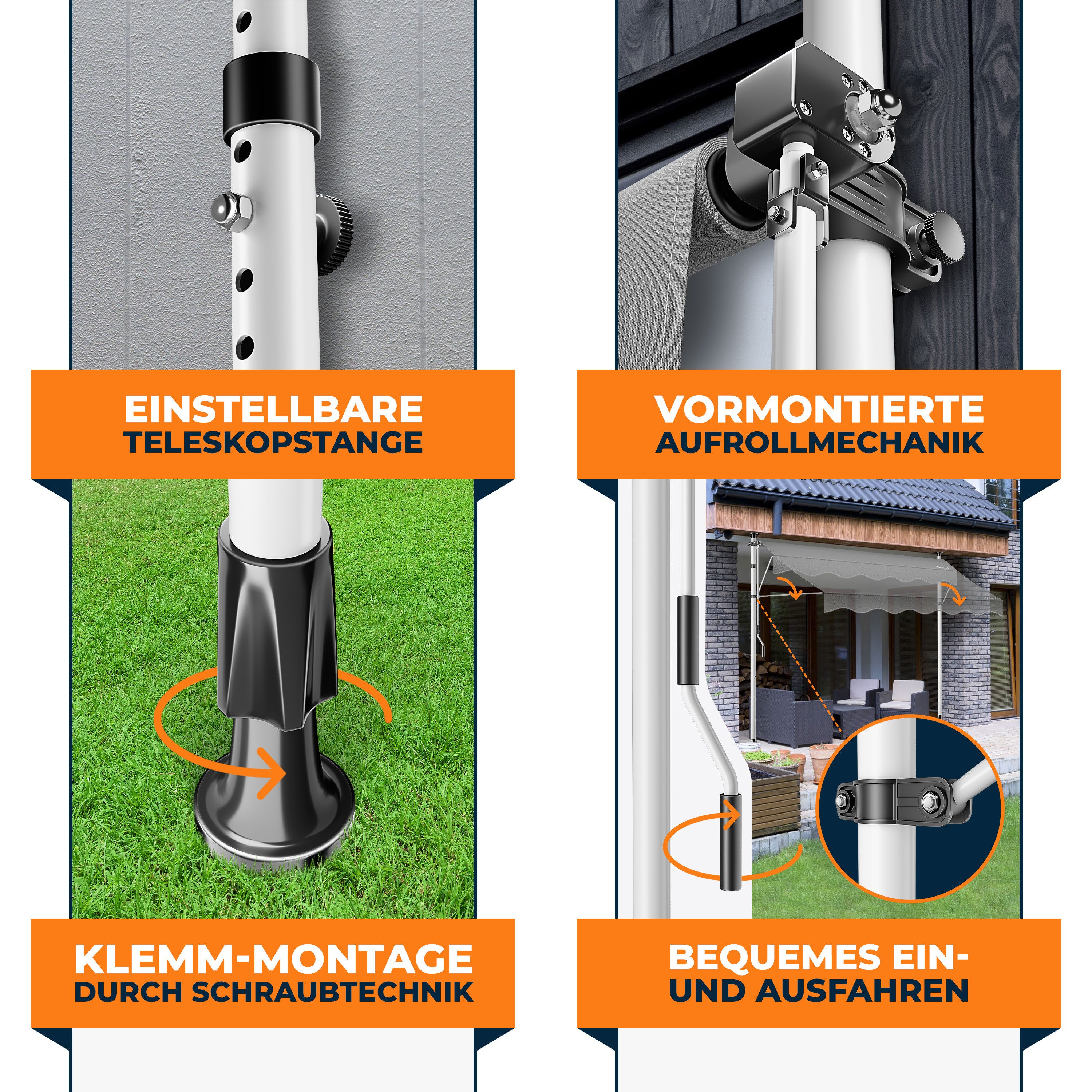 KESSER Klemmmarkise mit Handkurbel für Terrasse, Balkon & Garten UV-beständig, höhenverstellbar und wasserabweisend