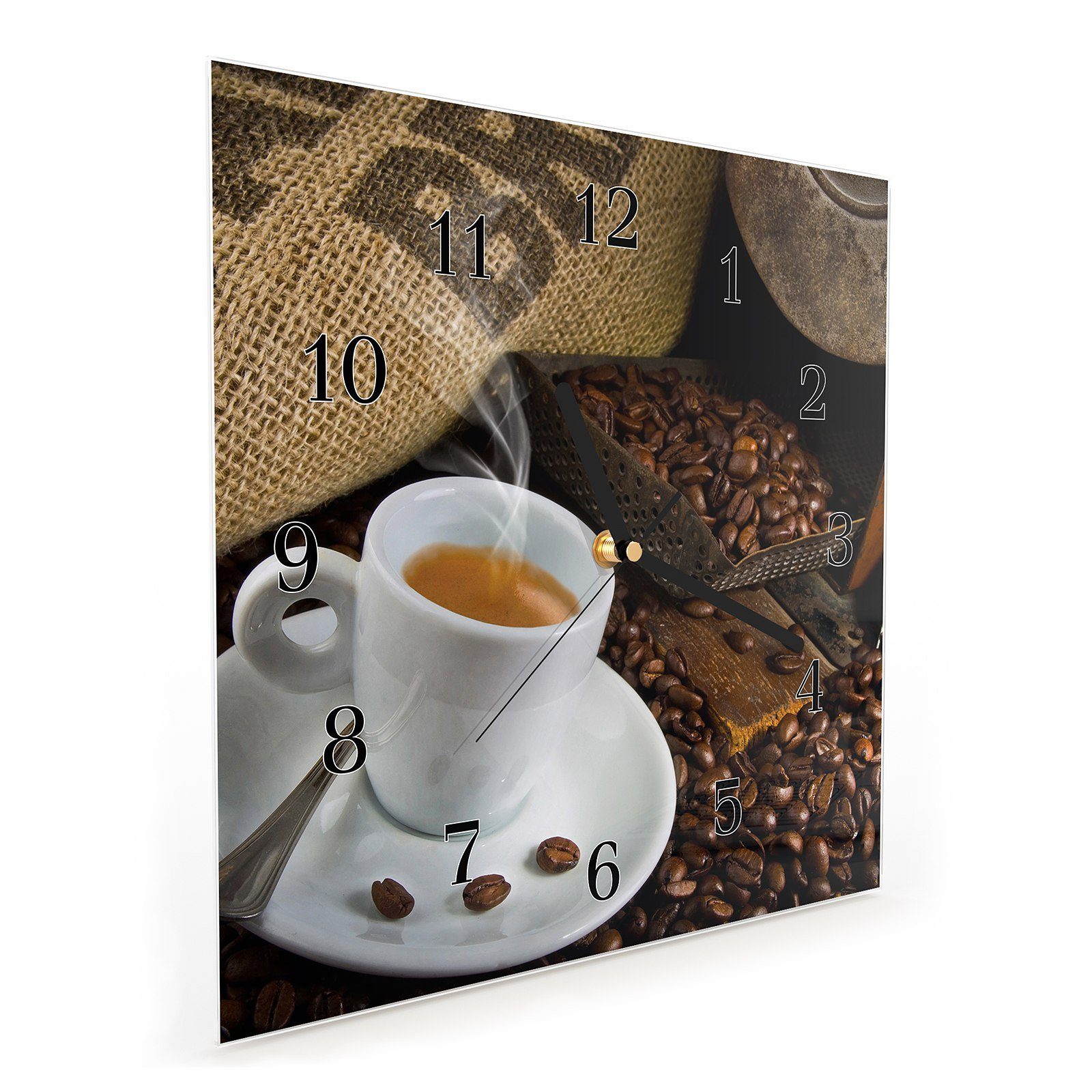 mit 30 Motiv cm Kaffeetasse Größe und Kaffeebohnen Primedeco x Wanduhr Glasuhr 30 Wandkunst Wanduhr