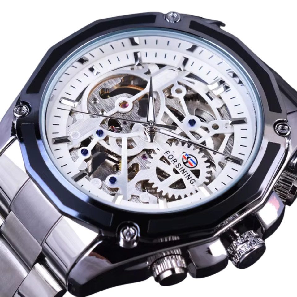 Automatikuhr Herrenuhr Armbanduhr Marke Forsining silberfarbenes Ziffernblatt