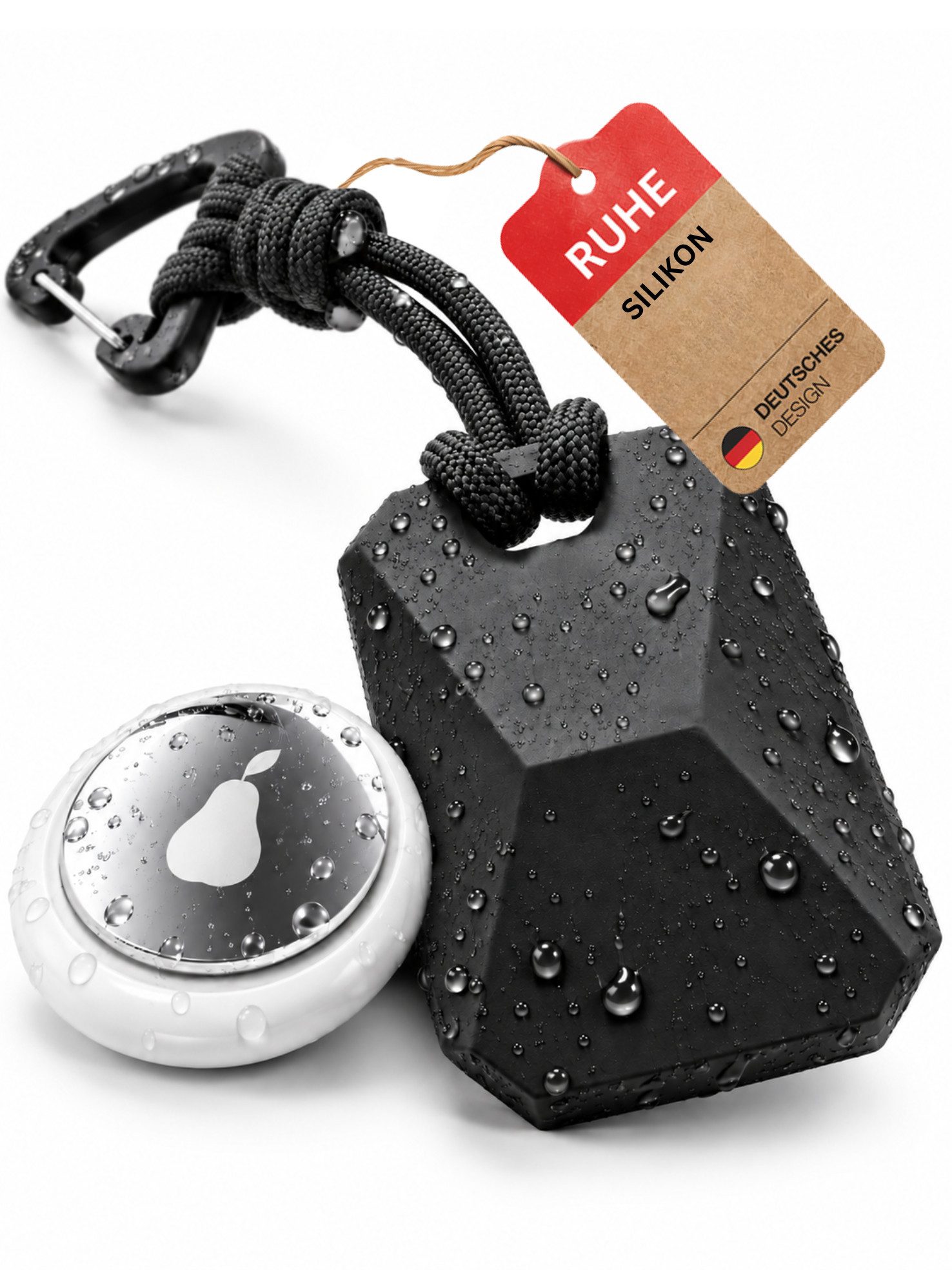 RUHE Schlüsselanhänger Schutzhülle für AirTag Schlüsselanhänger Rucksack Tasche Silikon 360° (1-tlg), AirTag Hülle Silikon Karabiner Schlüsselanhänger Schutz Case Schwarz
