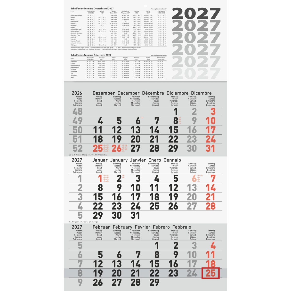 GLOCKEN Wandkalender 3-Monatskalender 30x54cm 3-farbig Kalendarium 2027