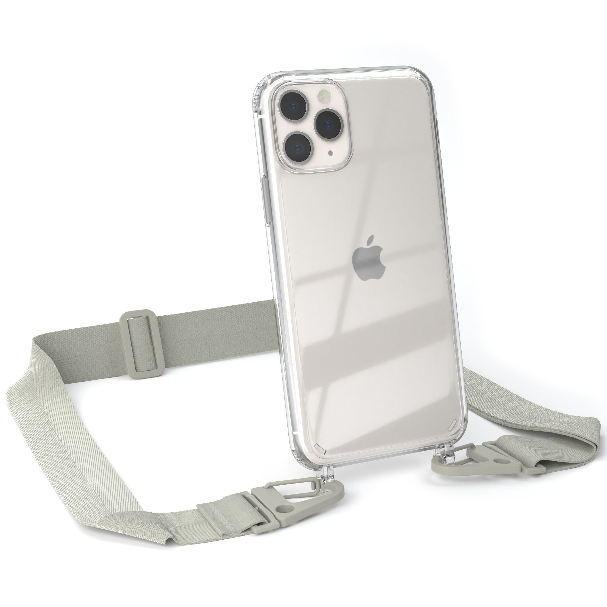 EAZY CASE Handykette Silikon Kette Karabiner für Apple iPhone 11 Pro 5,8 Zoll, Ketten Hülle Transparent Case Kettenhülle abnehmbare Kordel Grau Taupe