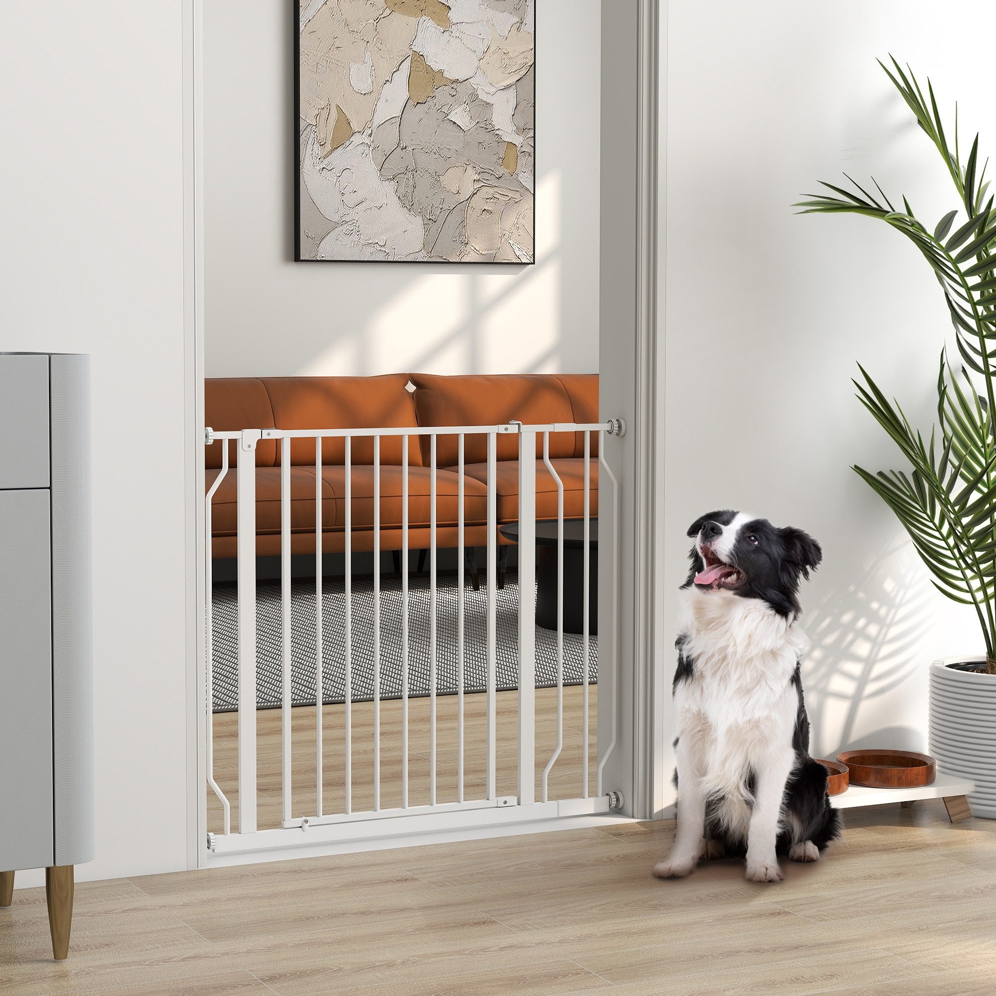 PawHut Hundegitter Treppenschutzgitter mit 10 cm Verlängerung Türgitter ohne Bohren (Hunde Treppenschutzgitter, 1 St., Schutzgitter für Haustier), Weiß 75-95 x 4 x 76 cm