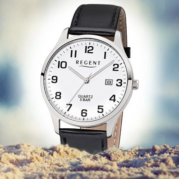 Regent Quarzuhr Regent Herren-Armbanduhr schwarz Analog, (Analoguhr), Herren Armbanduhr rund, groß (ca. 40mm), Lederarmband