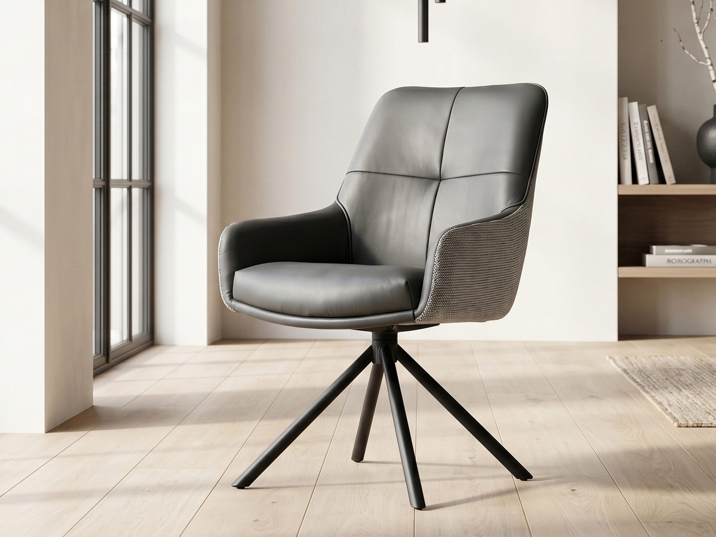 Massivart® Polsterstuhl mit Echtleder & Webstoff Grau 360° Drehfunktion »FARO«, Sitz fest gepolstert · Metallgestell schwarz pulverbeschichtet