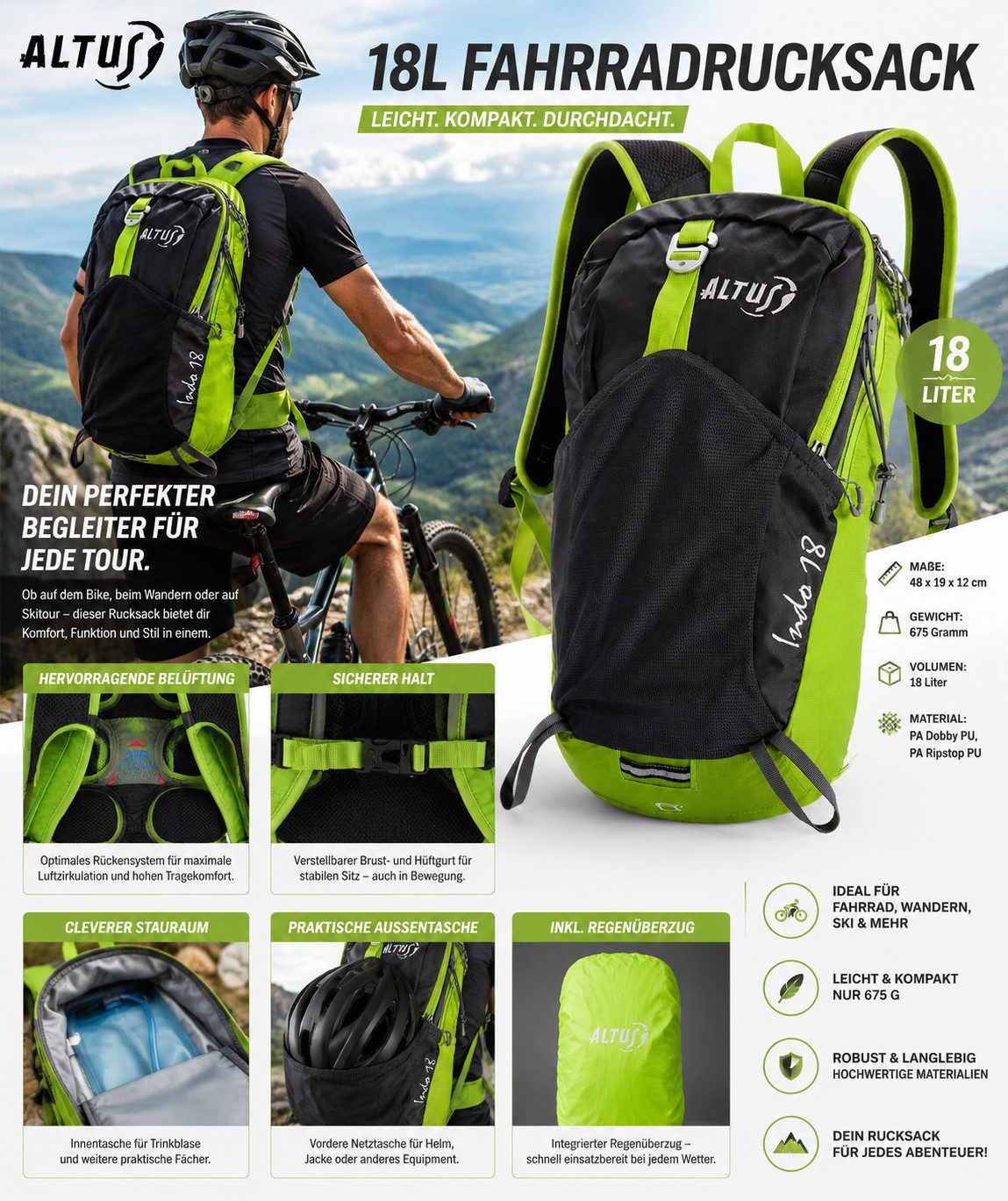 altus Fahrradrucksack Trekkingrucksack Fahrradrucksack Tagesrucksack INDO18 18 Liter, Innentasche für Trinkblase