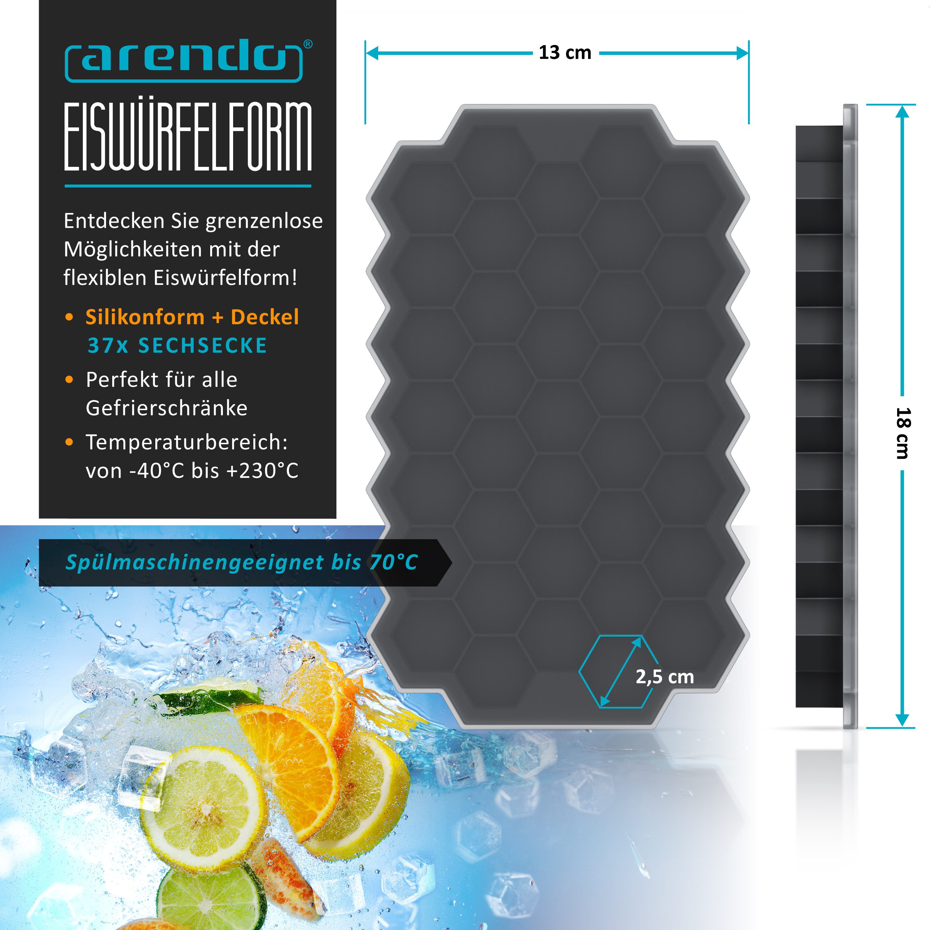 Arendo Eiswürfelform 37x Sechseck Eiswürfel mit Deckel, temperaturbeständig, bis -40°C, (1-tlg), Silikon zum leichten Herauslösen, spülmaschinengeeignet