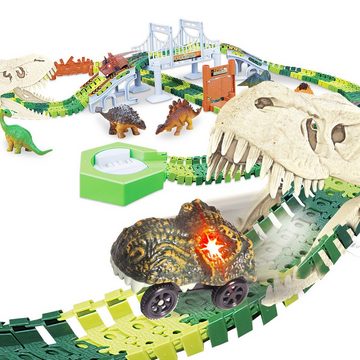 Esun Autorennbahn 189/289 Stück Rennstrecke Dinosaurier Spielzeuge Flexible Zugbahnen, (Set, 189-tlg), mit 2 dino auto, Geschenk Junge Mädchen 3 4 5 6 Jahre