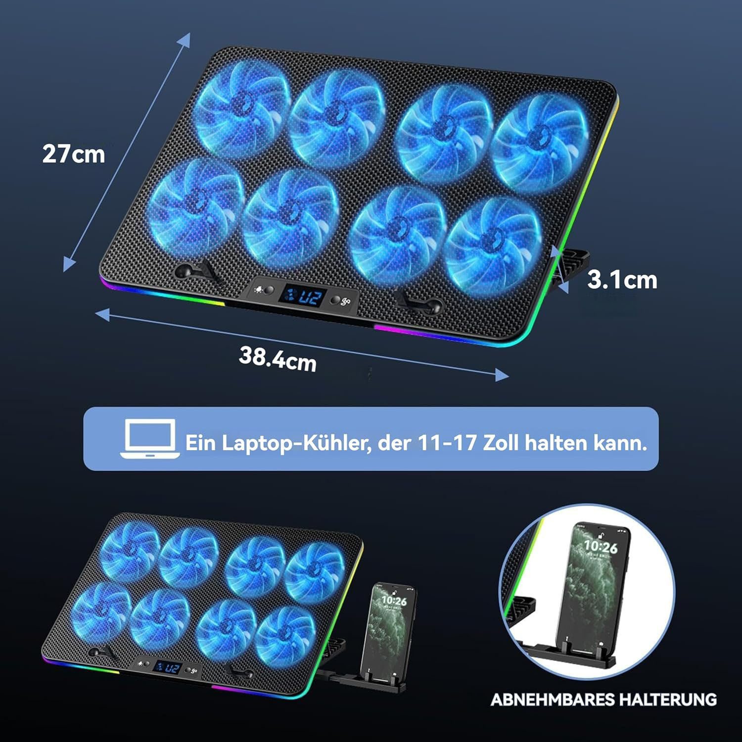 AIMAX Notebook-Kühler Laptop Kühler 7 Höhenverstellbar & Handyständer Cooler, 2 USB Ports & Einstellbarer Geschwindigkeit Kühlständer