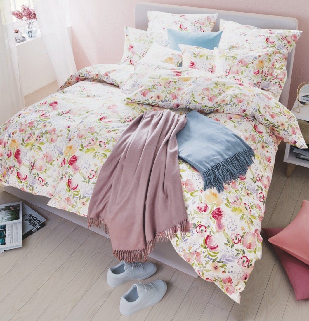 LIVING DREAMS Bettwäsche AQUARELL FLOWERS reine Baumwolle Satin made in Europe, Satin, 2 teilig, angenehmes Hautgefühl natürlich zartes Blumenmuster Anemonen