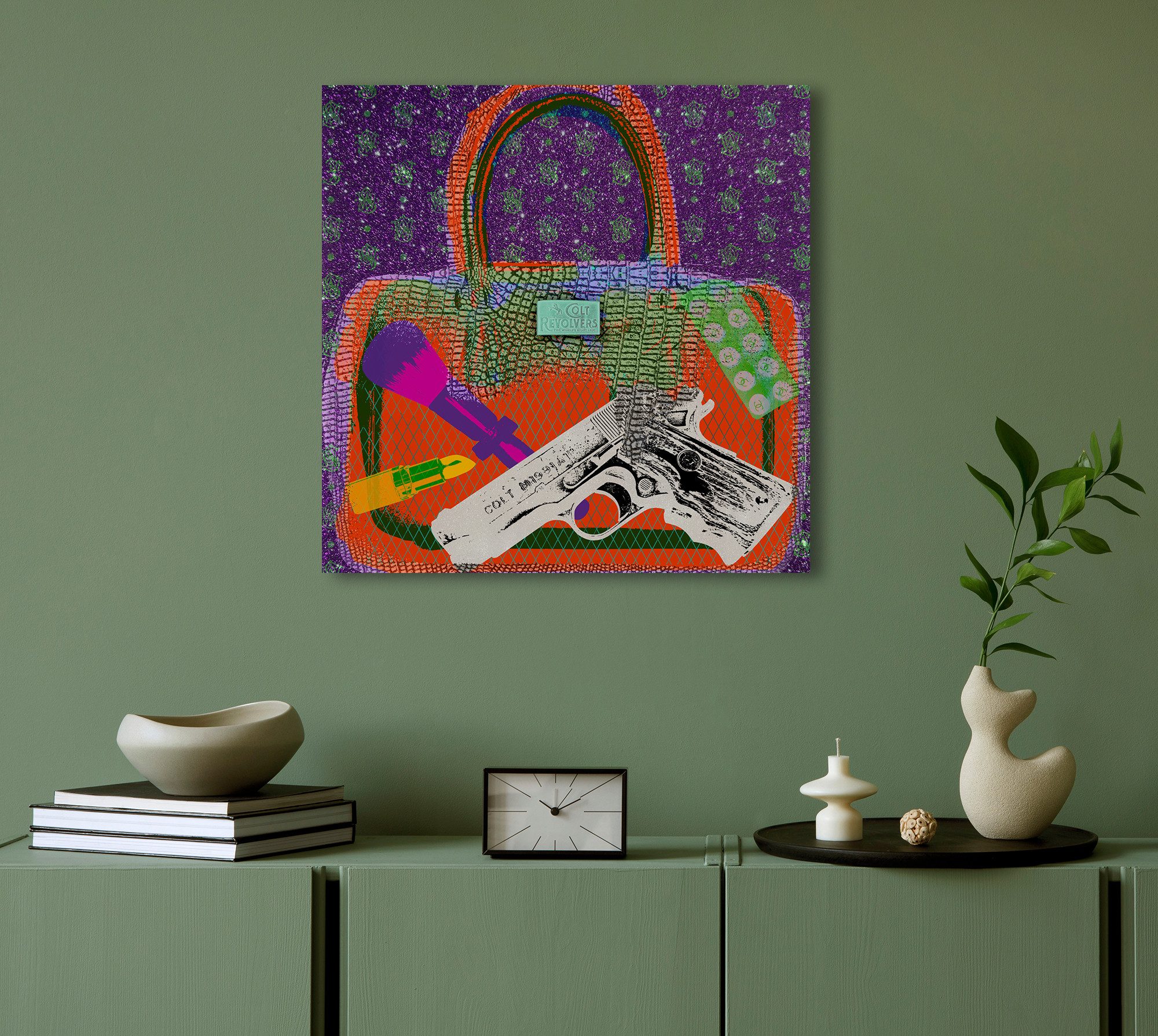 queence Acrylglasbild Tasche, Pistole, Lippenstift, bunt, Tasche, Inkl. rückseitiger, vormontierter Aufhängung