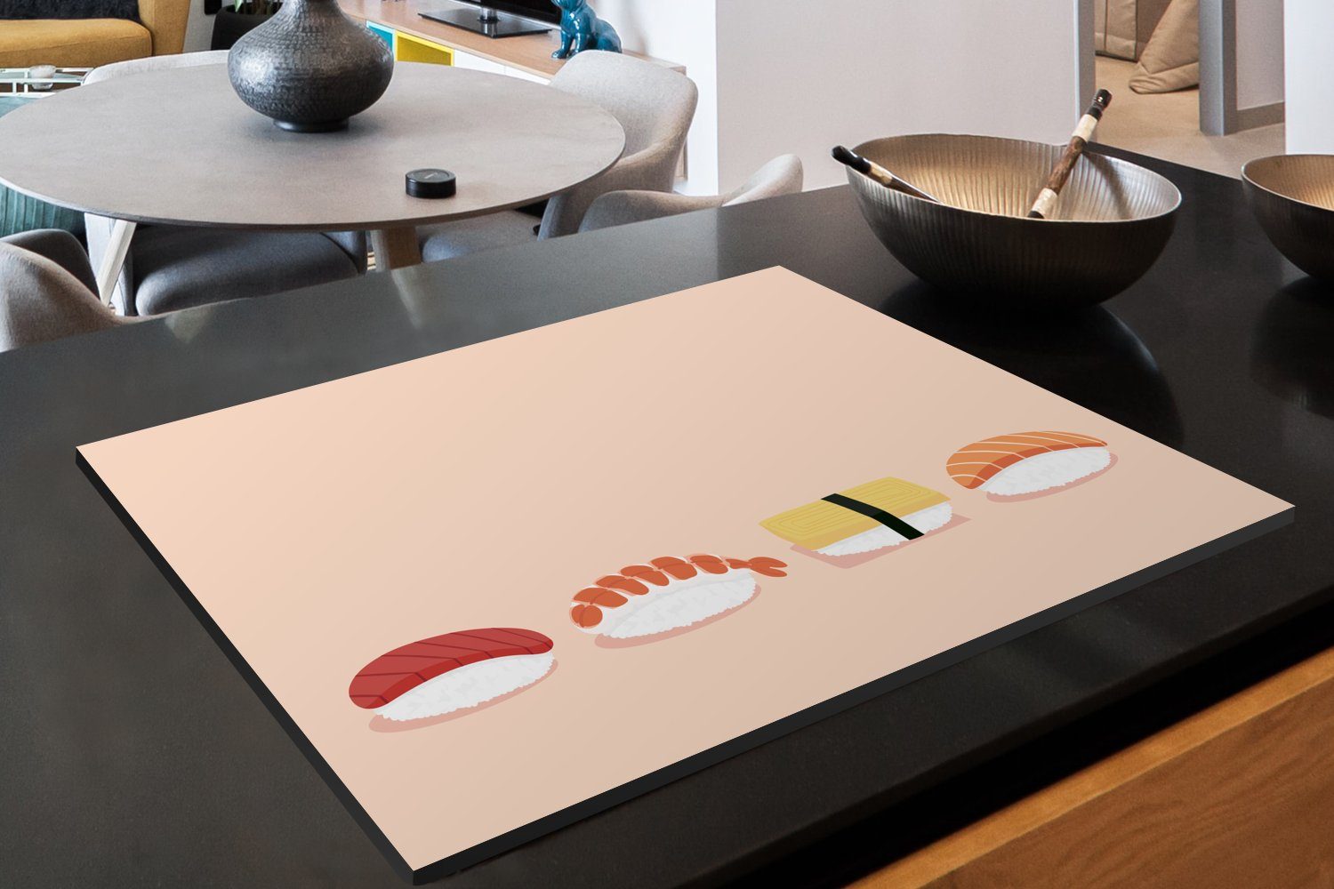 MuchoWow Herdblende-/Abdeckplatte Sushi auf Schutz Hintergrund, für die (1 Illustration küche, Induktionskochfeld Vinyl, cm, Ceranfeldabdeckung hellrosa tlg), 81x52