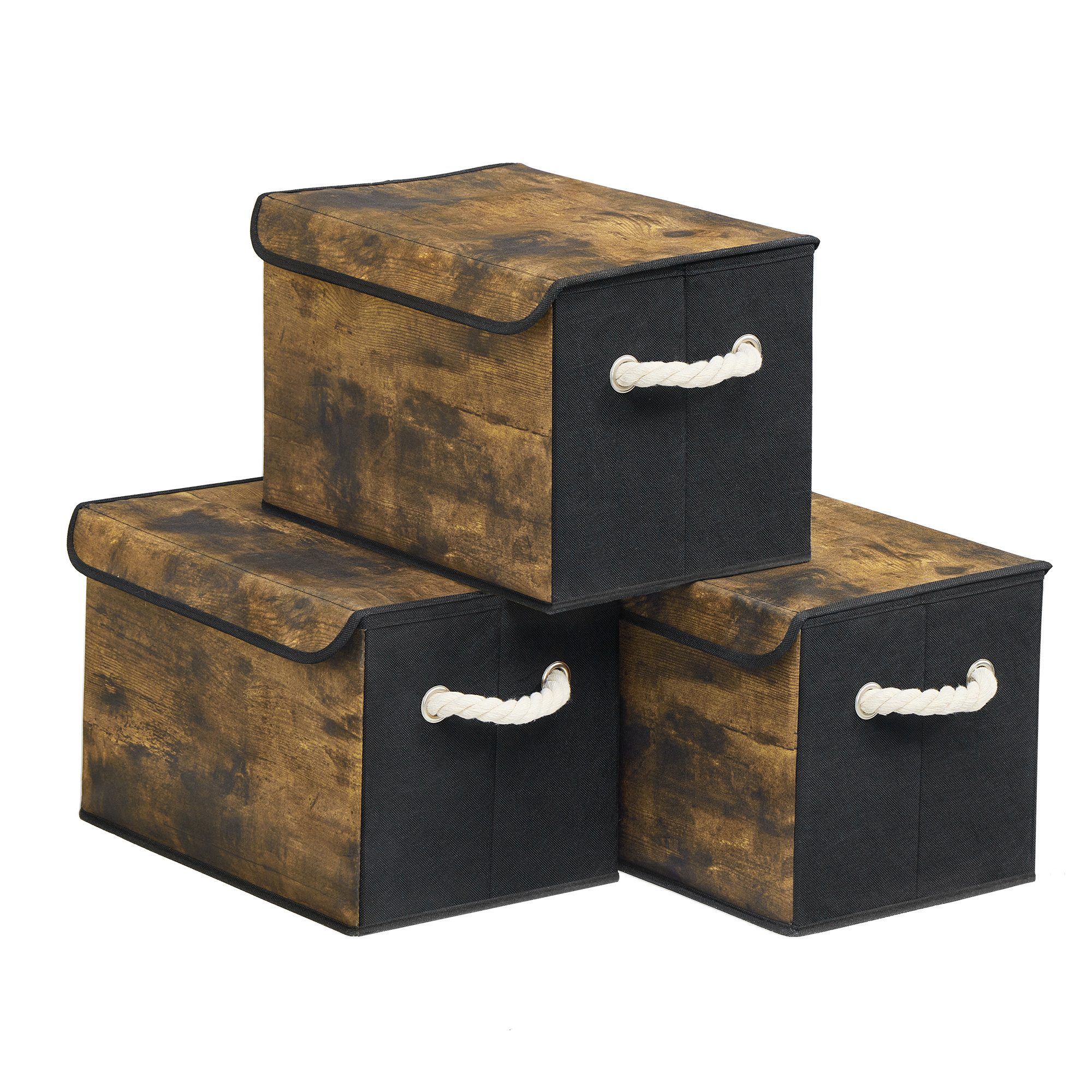 SONGMICS Aufbewahrungsbox mit Deckel, 3er Set, klappbar, Stoffboxen, Aufbewahrung, Organizer, Kleiderschrank, Griffe, 38 x 25 x 25 cm