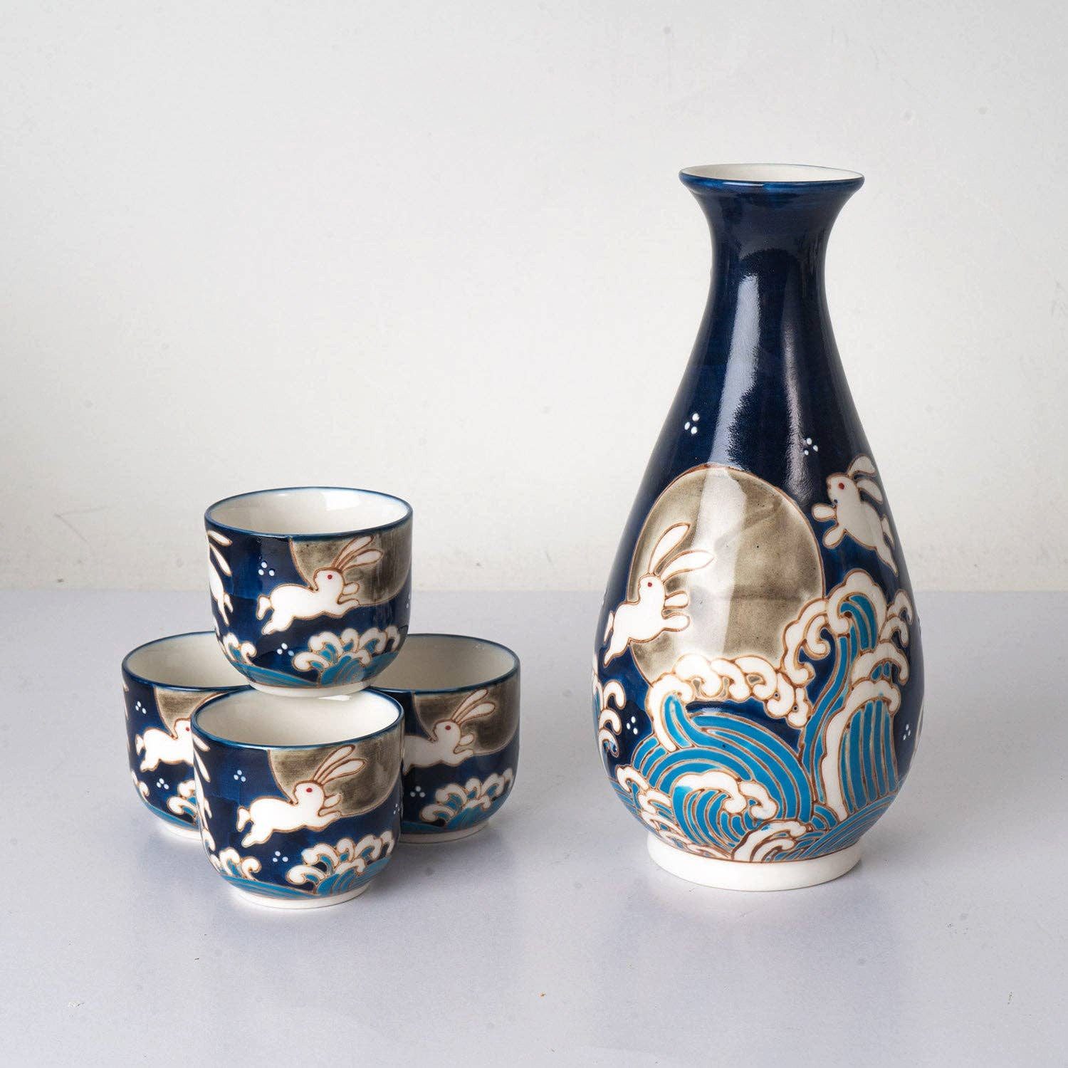 Dark-Desires Schnapsglas Japanisches Sake-Set „Mondkaninchen & Wellen5-teilig Porzellan