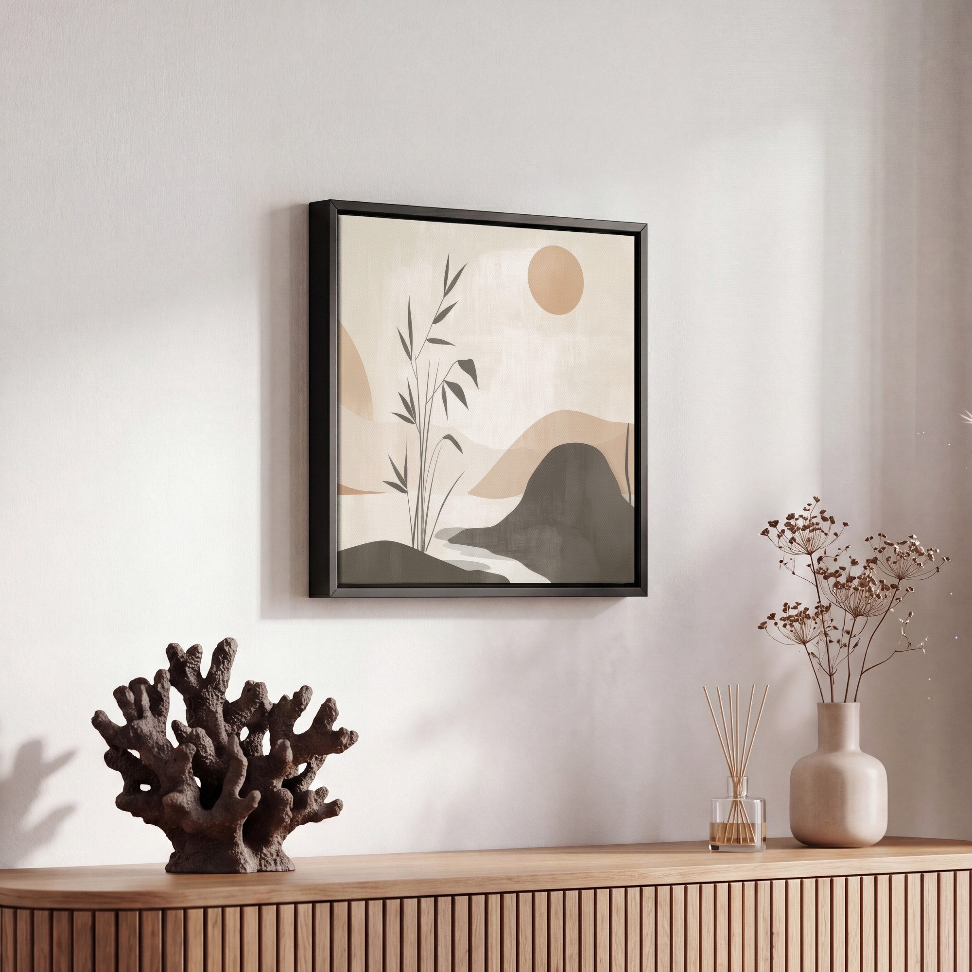 OneMillionCanvasses® Leinwandbild mit Rahmen - Japandi - Landschaft - Beige, Fotodruck (1 St), Leinwand Bilder Klein, Wand Dekoration Aesthetic 20x20cm – Bild 5 von 5