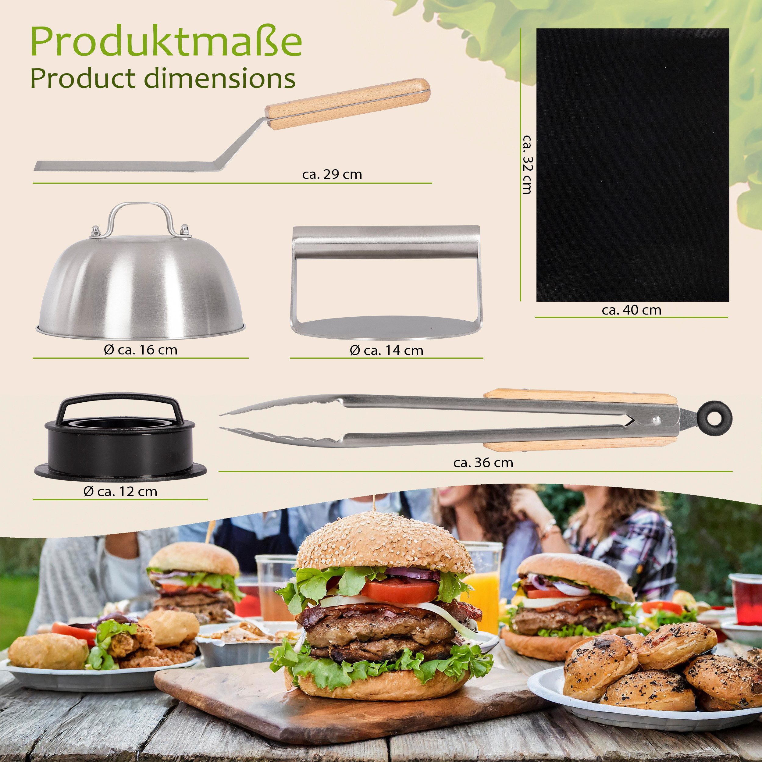 ONVAYA Burgerpresse Burger-Set 8 Teile ǀ Smash-Burger-Set mit Grillmatte und Schmelzglocke (8 St)