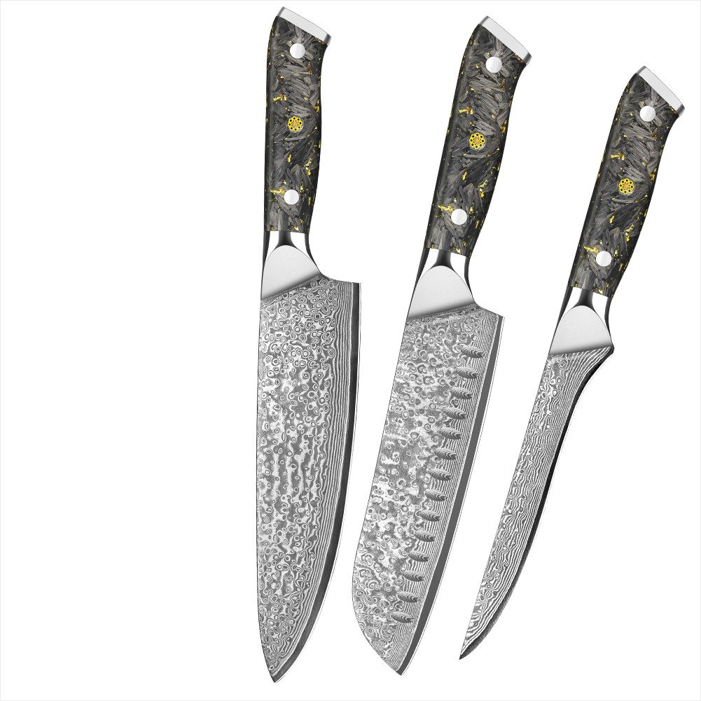 UniqueFire Messer-Set 3tlg. Damastmesser Set aus Kochmesser, Santokumesser, Filetiermesser (3-tlg)